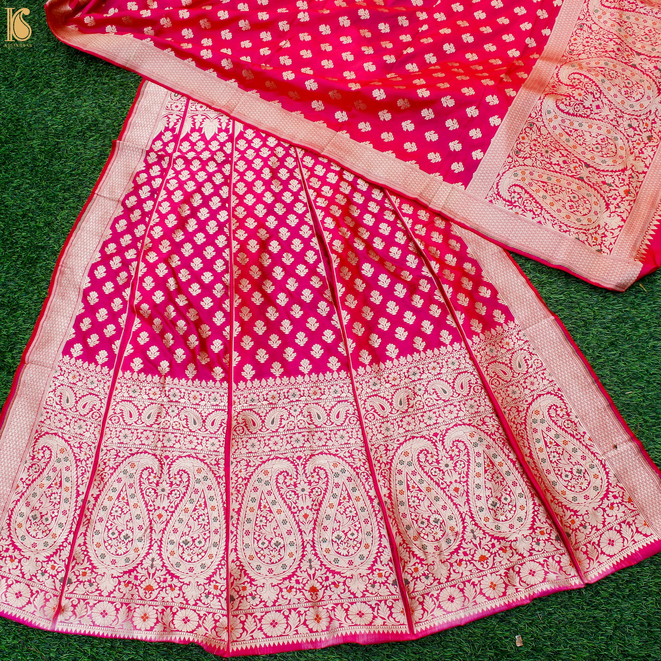 Ruby Pink Katan Silk Handloom Banarasi Kalidar Lehenga Set - Khinkhwab