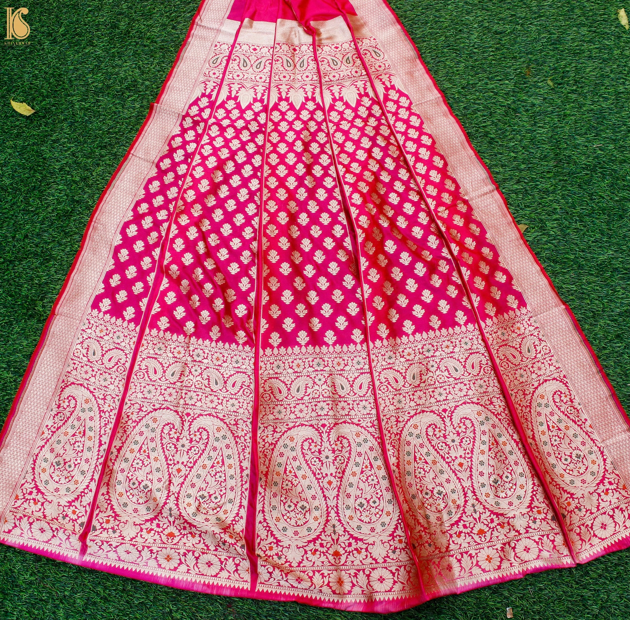 Ruby Pink Katan Silk Handloom Banarasi Kalidar Lehenga Set - Khinkhwab