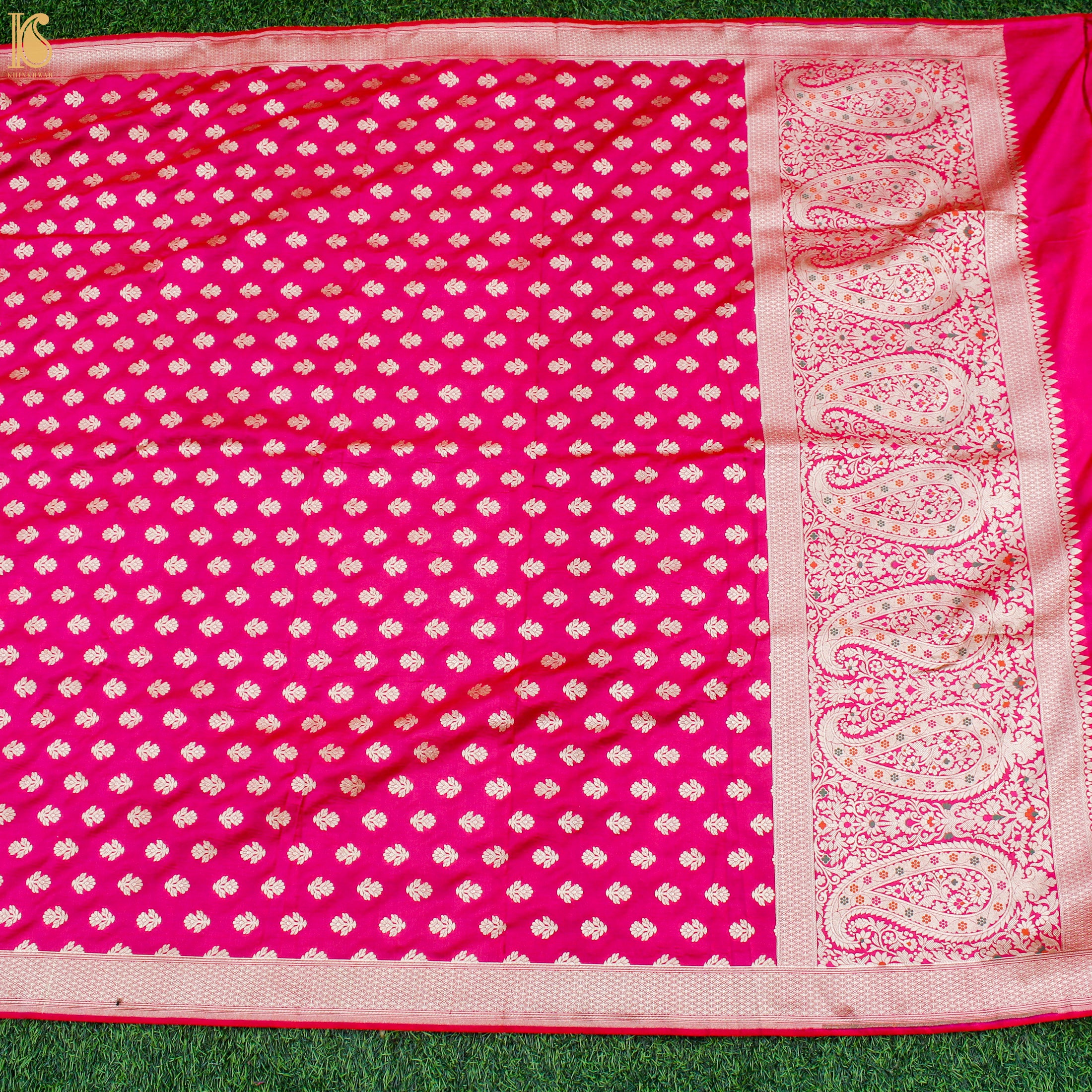 Ruby Pink Katan Silk Handloom Banarasi Kalidar Lehenga Set - Khinkhwab