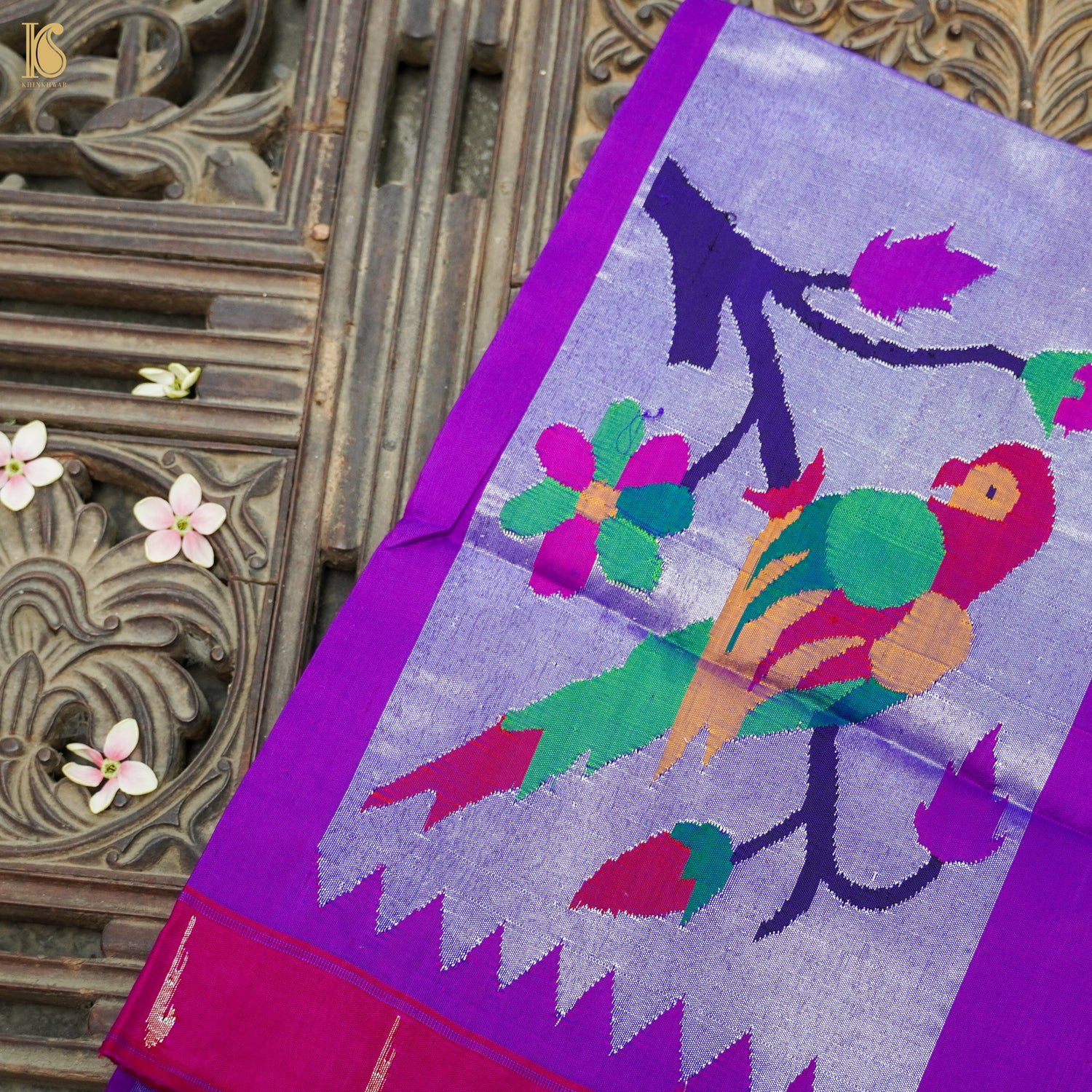 Purple Pure Silk Paithani Handwoven Meenakari Parrot Blouse Piece - Khinkhwab