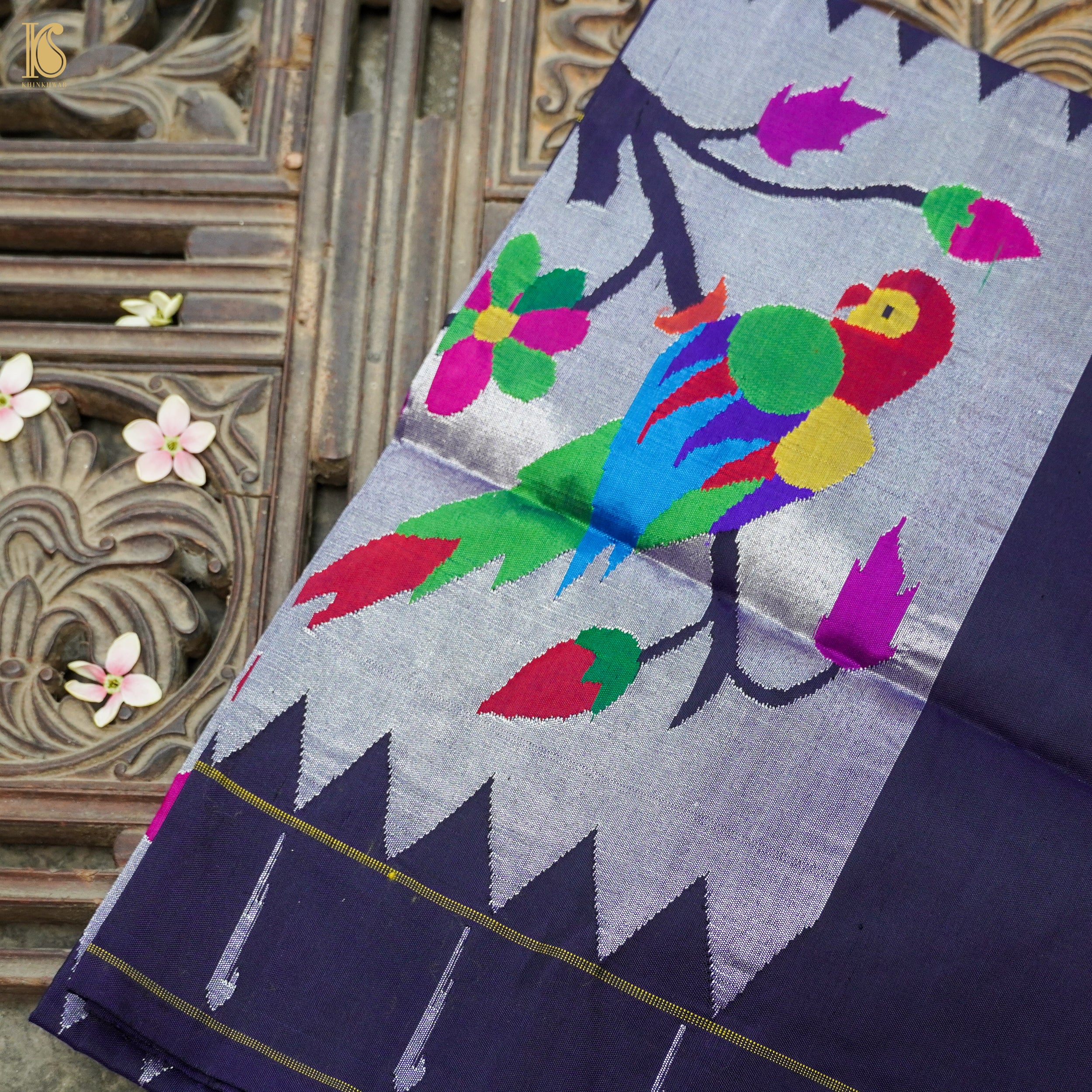 Minsk Blue Pure Silk Paithani Handwoven Meenakari Parrot Blouse Piece - Khinkhwab