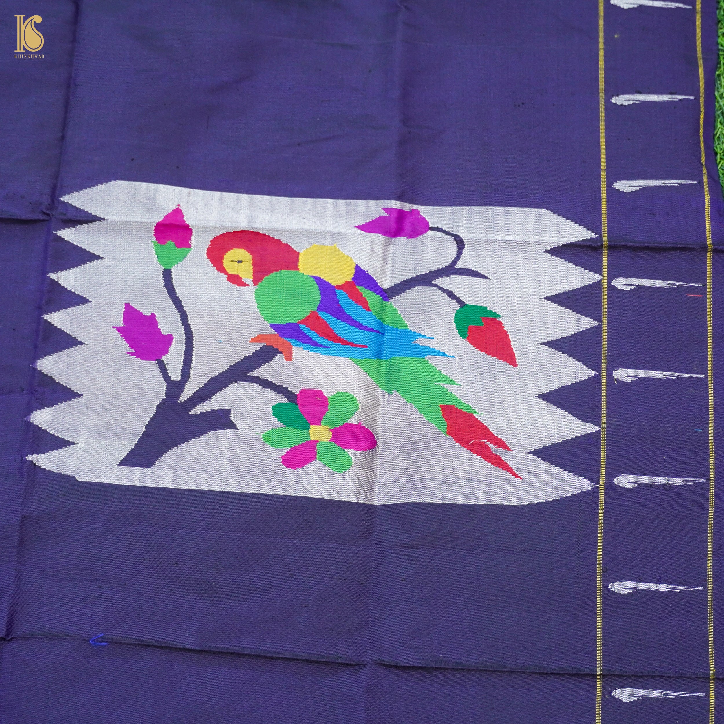 Minsk Blue Pure Silk Paithani Handwoven Meenakari Parrot Blouse Piece - Khinkhwab