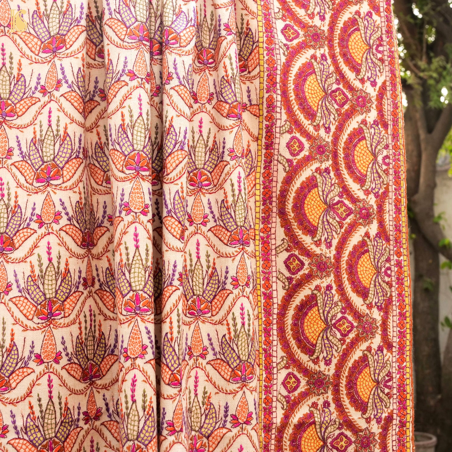 Off White Pure Pashmina Peppier Mache Embriodery Chinar Kashmiri Shawl - Khinkhwab