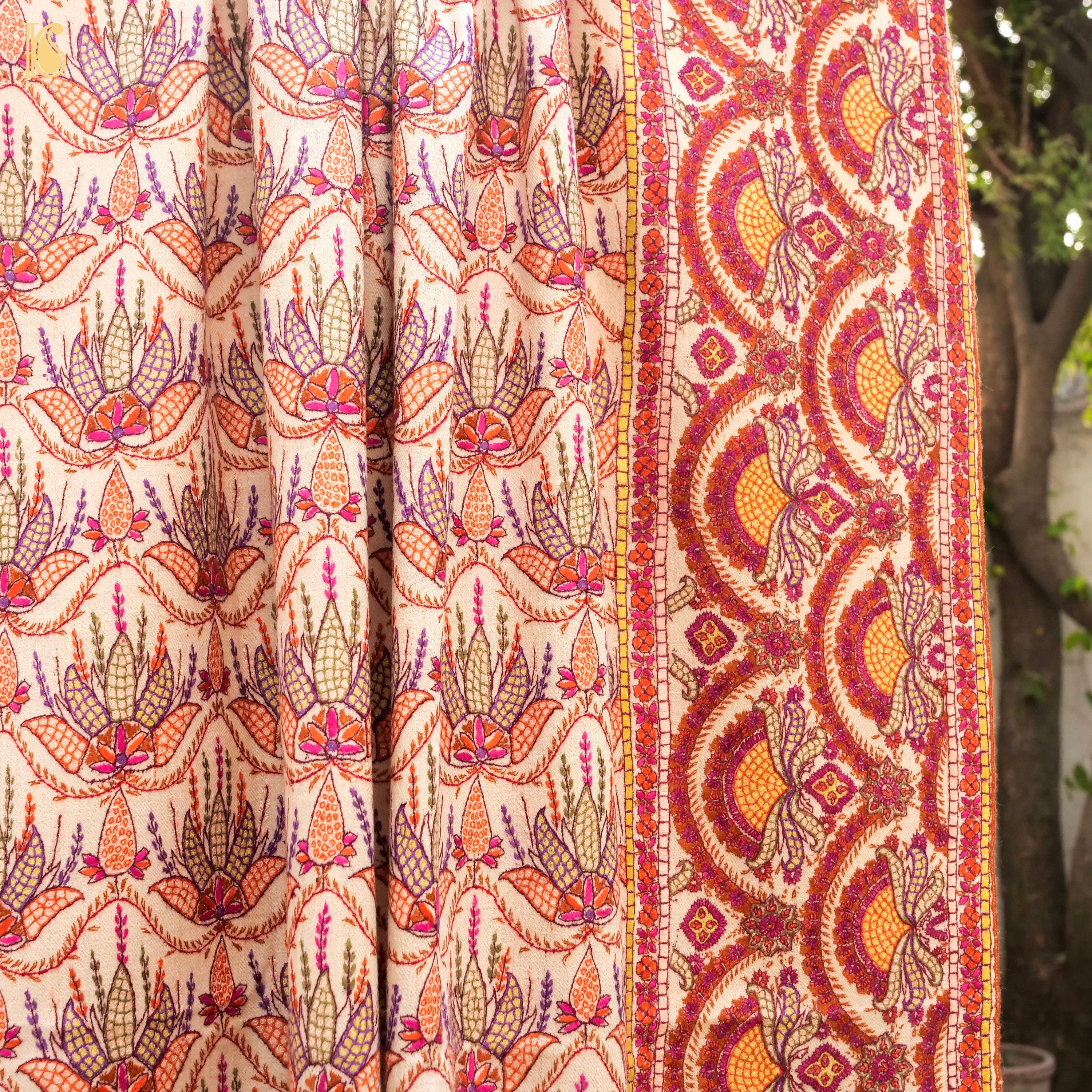 Off White Pure Pashmina Peppier Mache Embriodery Chinar Kashmiri Shawl - Khinkhwab