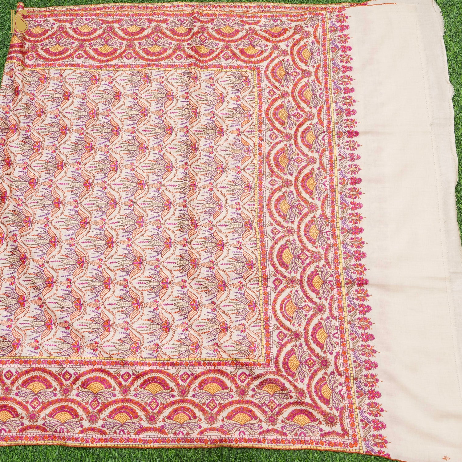 Off White Pure Pashmina Peppier Mache Embriodery Chinar Kashmiri Shawl - Khinkhwab