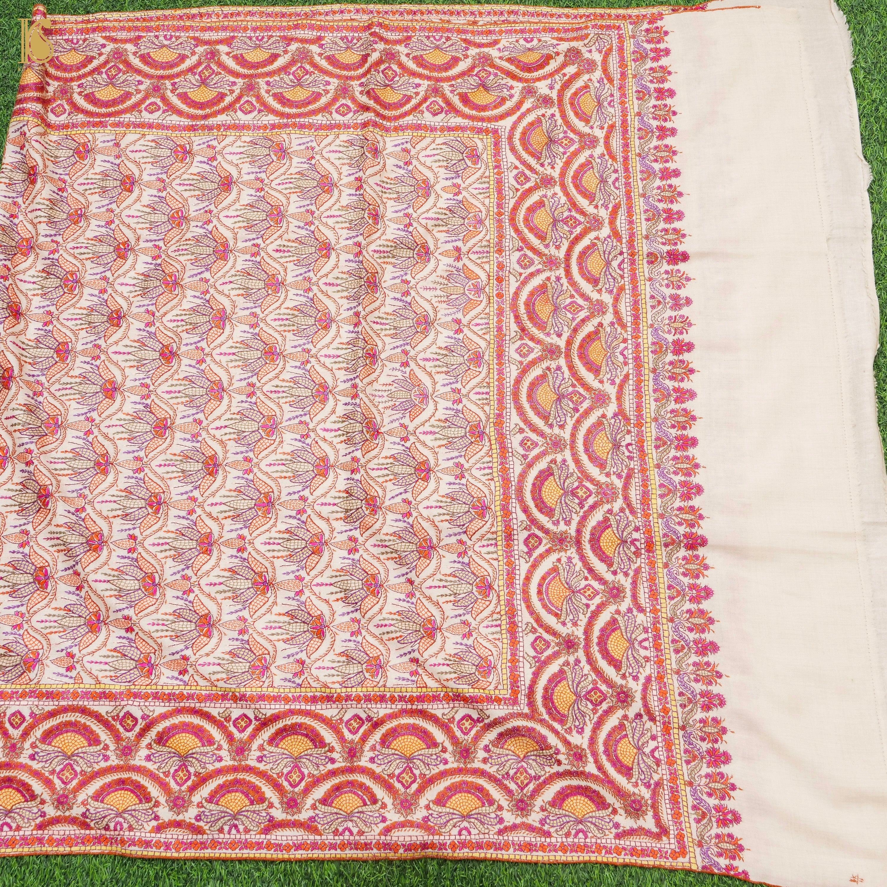 Off White Pure Pashmina Peppier Mache Embriodery Chinar Kashmiri Shawl - Khinkhwab