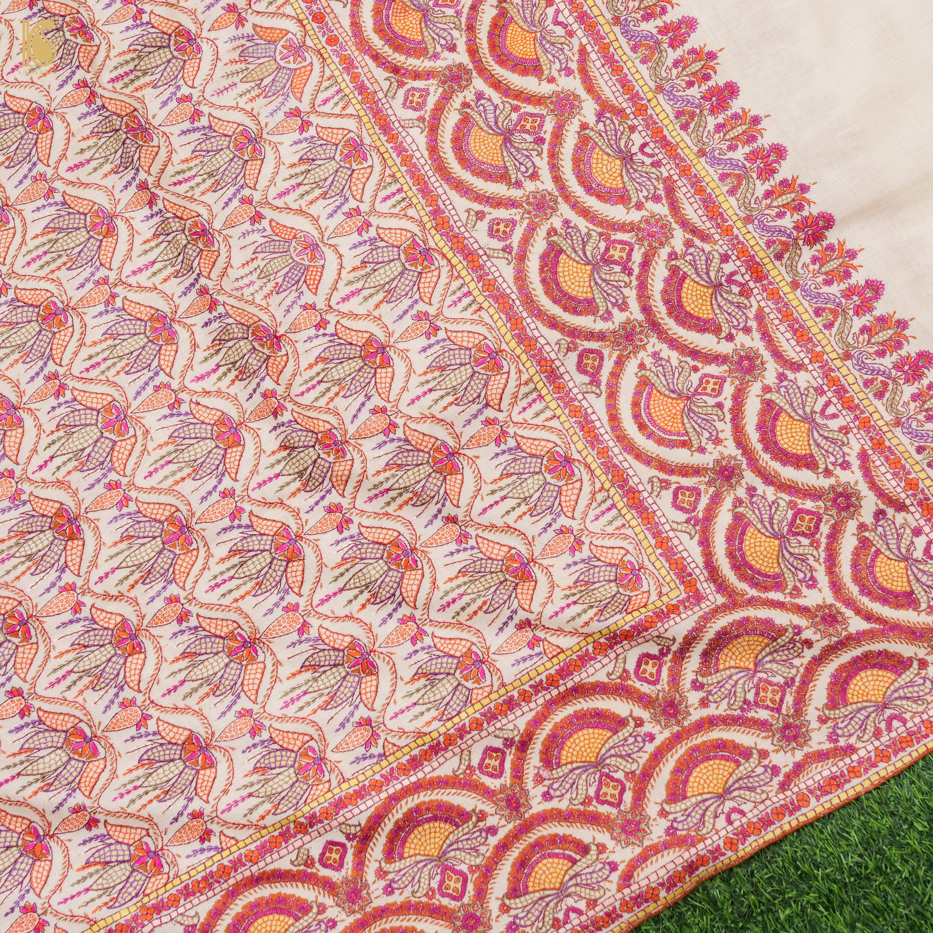 Off White Pure Pashmina Peppier Mache Embriodery Chinar Kashmiri Shawl - Khinkhwab