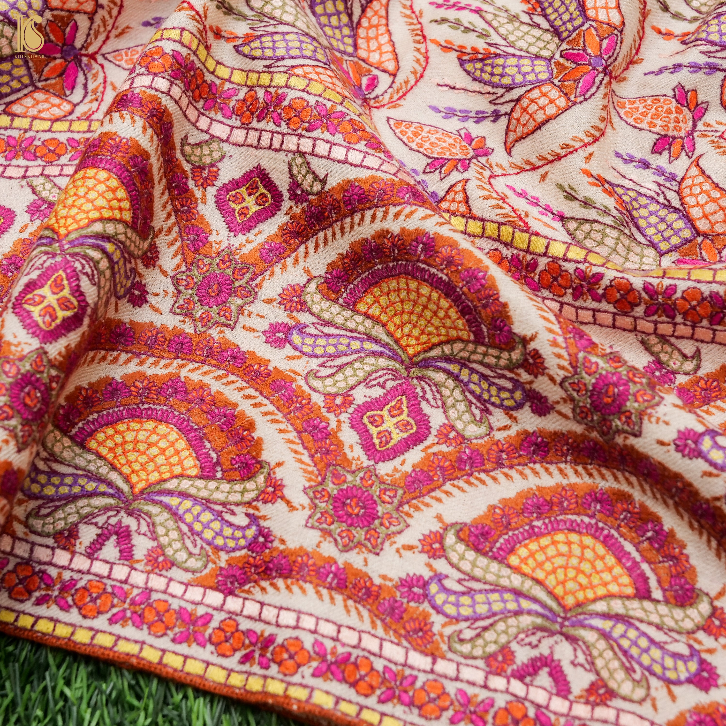 Off White Pure Pashmina Peppier Mache Embriodery Chinar Kashmiri Shawl - Khinkhwab