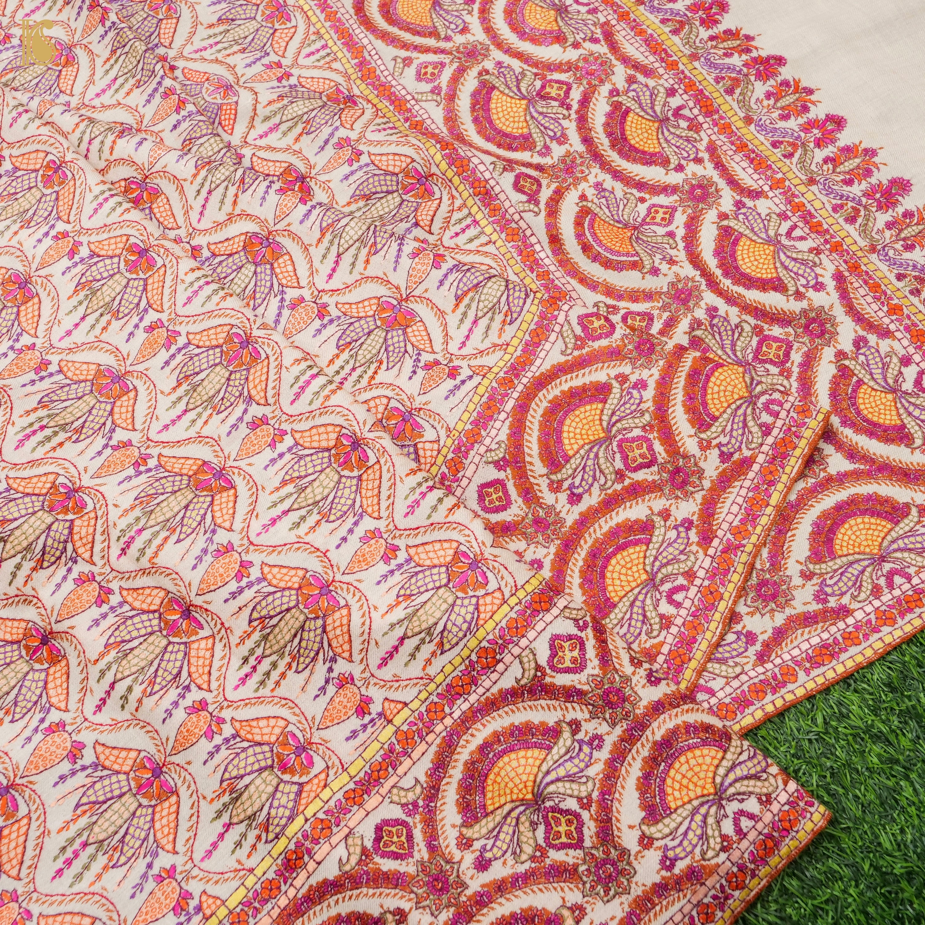 Off White Pure Pashmina Peppier Mache Embriodery Chinar Kashmiri Shawl - Khinkhwab