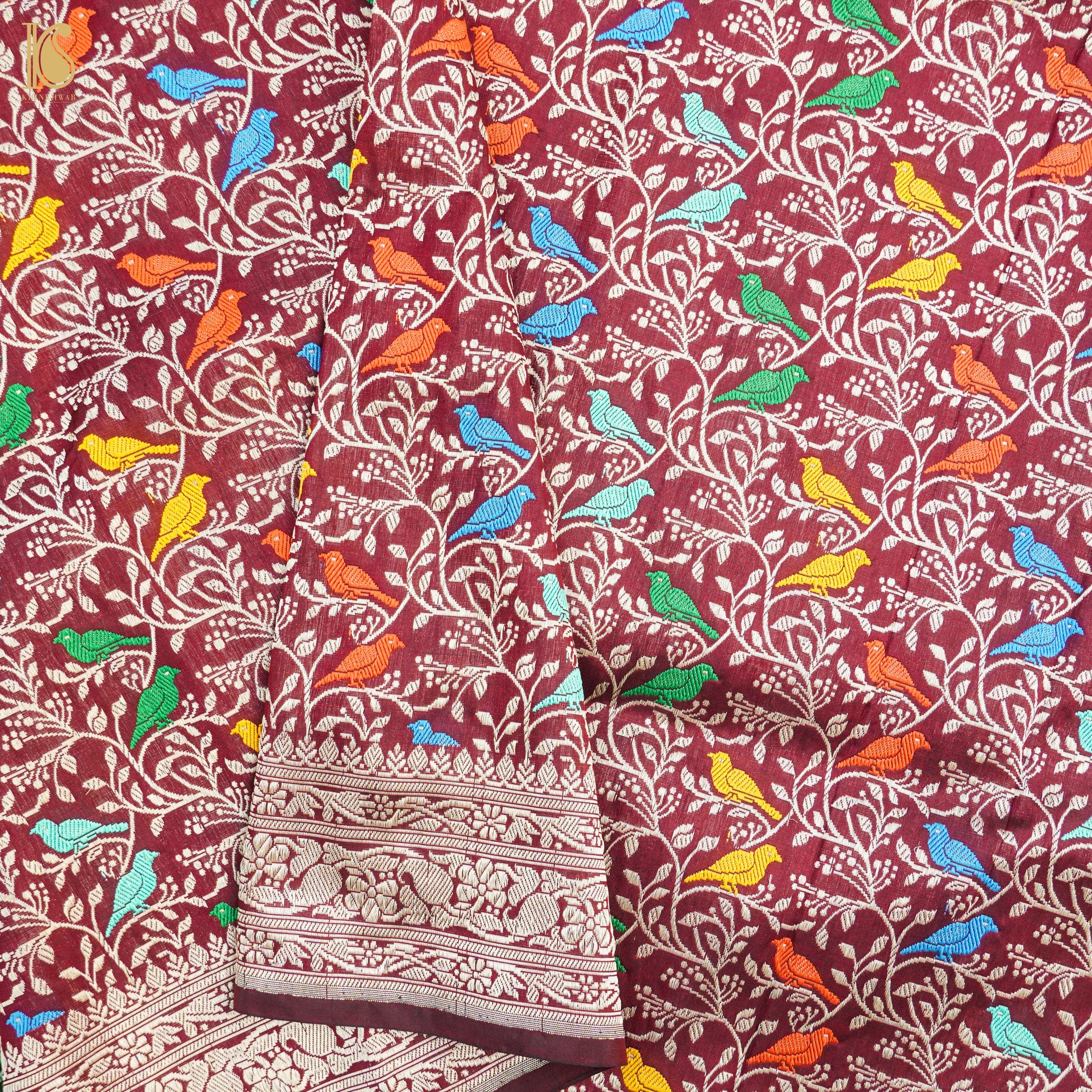 Mandy Red Handloom Pure Katan Silk Pink Banarasi Bird Dupatta - Khinkhwab