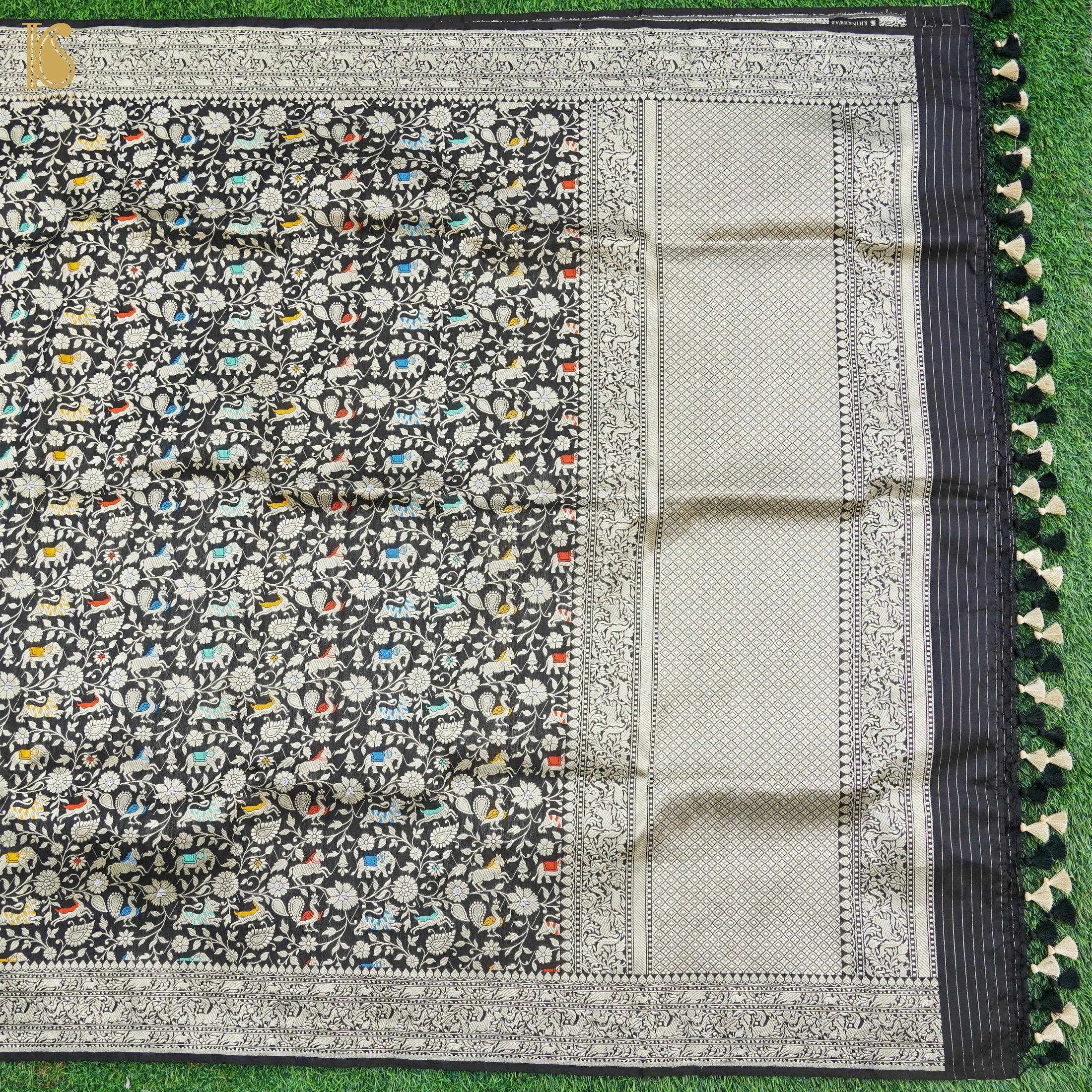 Preorder: Black Pure Katan Silk Handwoven Banarasi Shikargah Saree - Khinkhwab