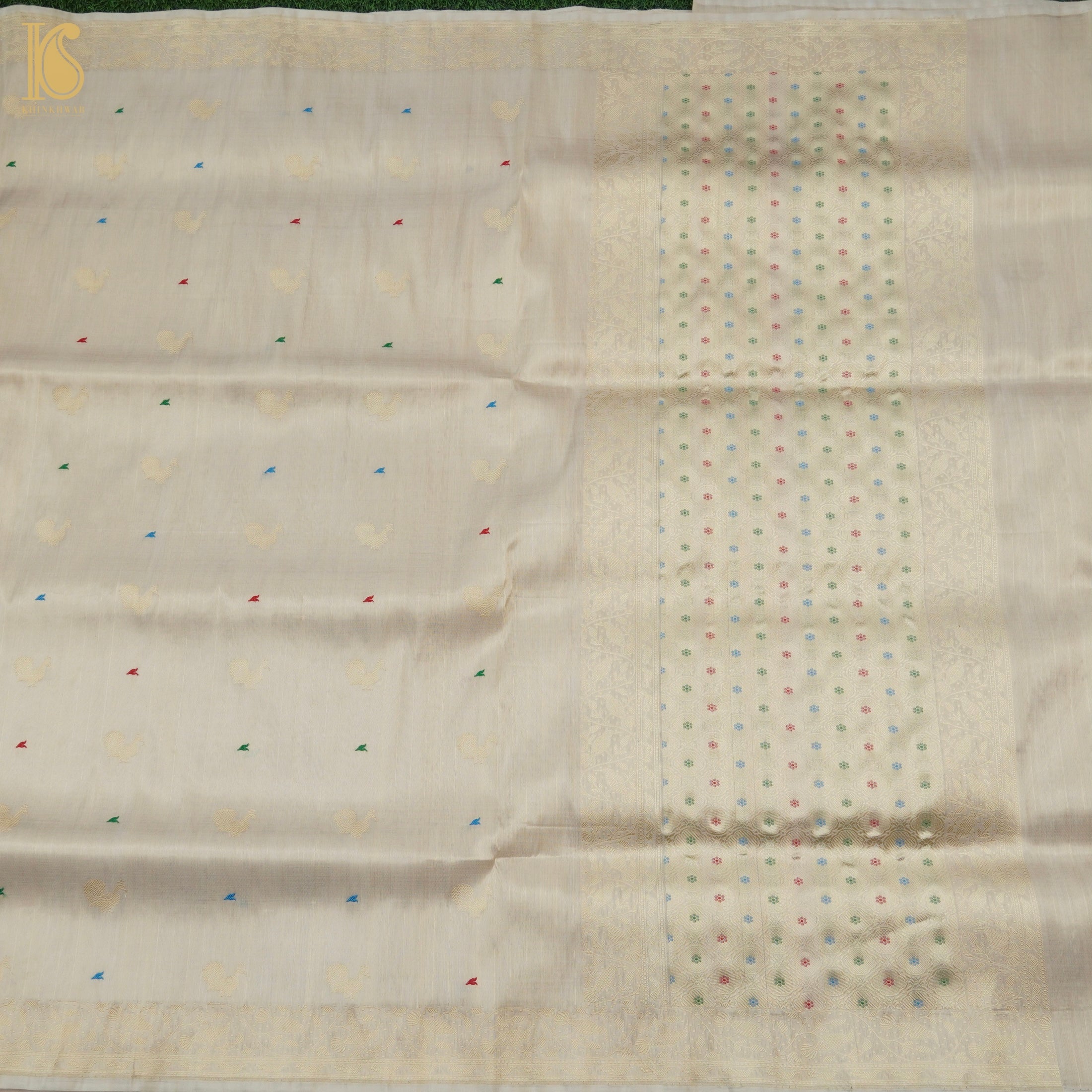Gold Handloom Pure Tissue White Banarasi Bird Saree - Khinkhwab