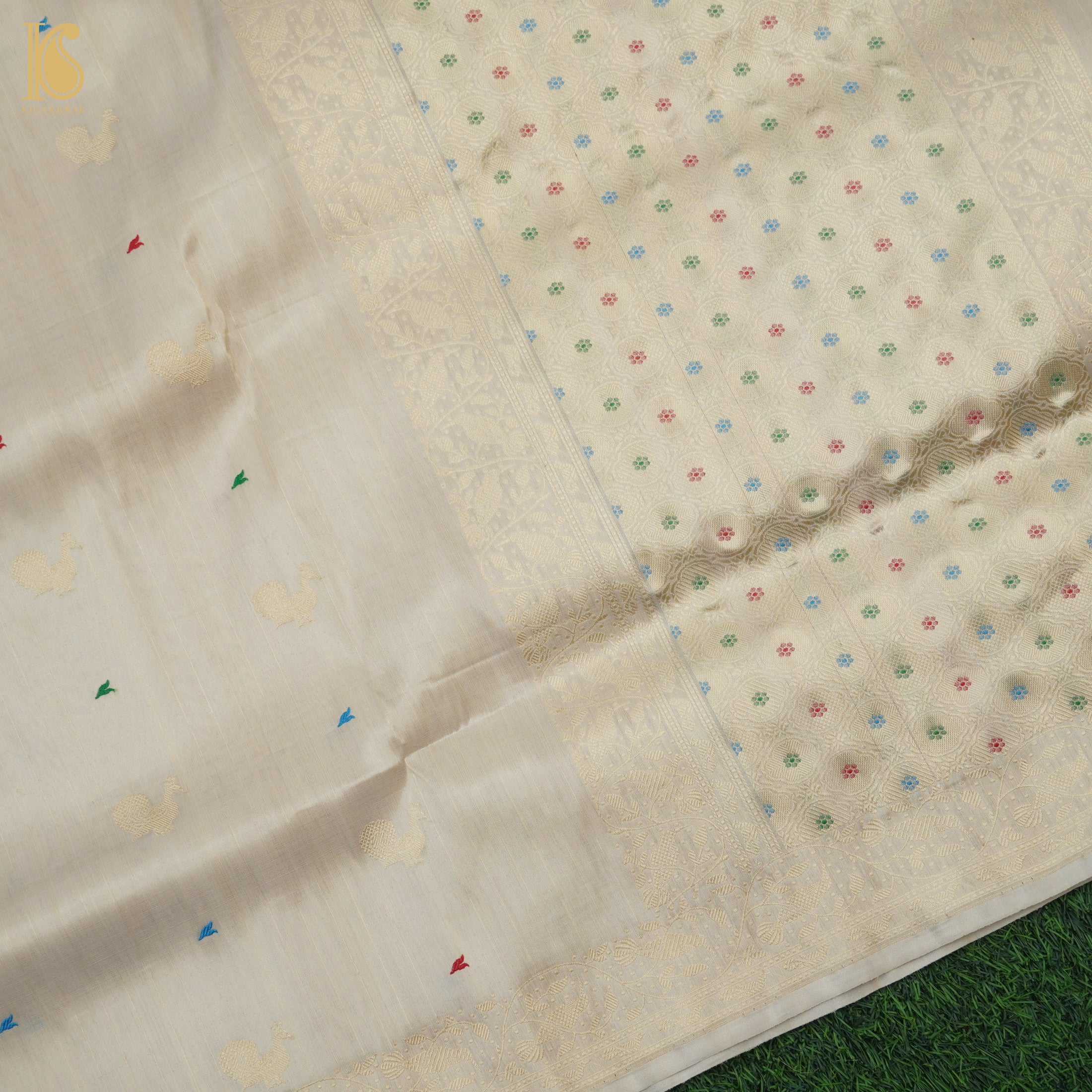Gold Handloom Pure Tissue White Banarasi Bird Saree - Khinkhwab