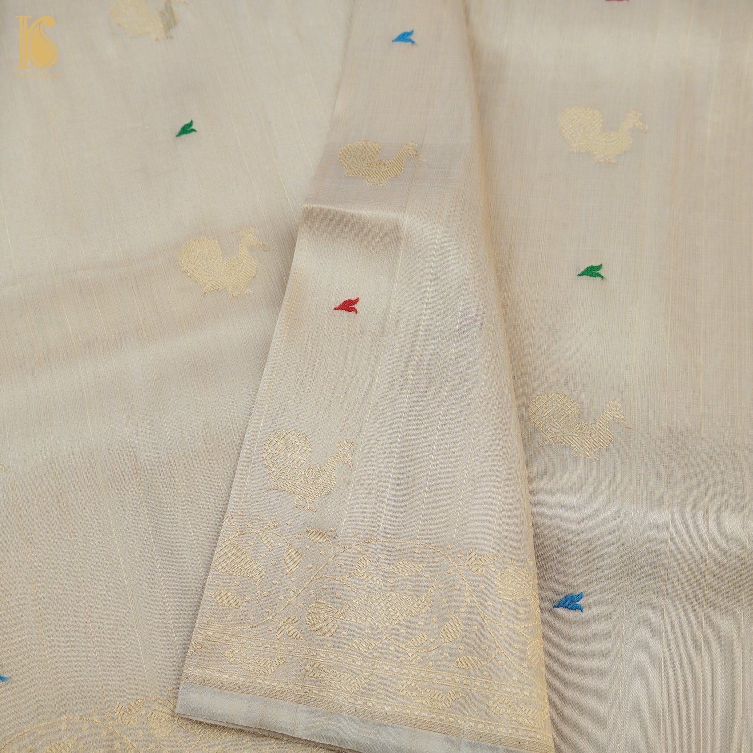Gold Handloom Pure Tissue White Banarasi Bird Saree - Khinkhwab
