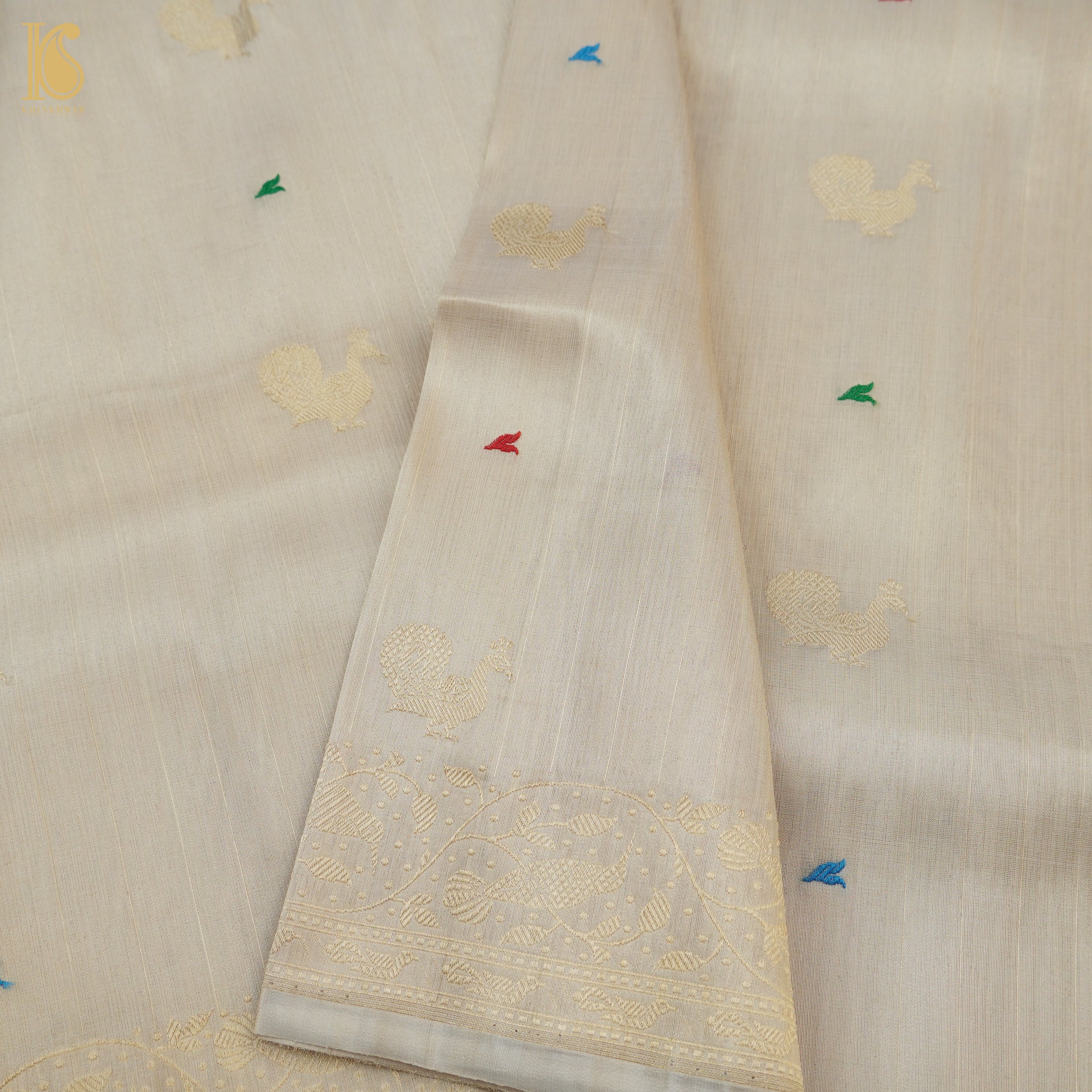 Gold Handloom Pure Tissue White Banarasi Bird Saree - Khinkhwab