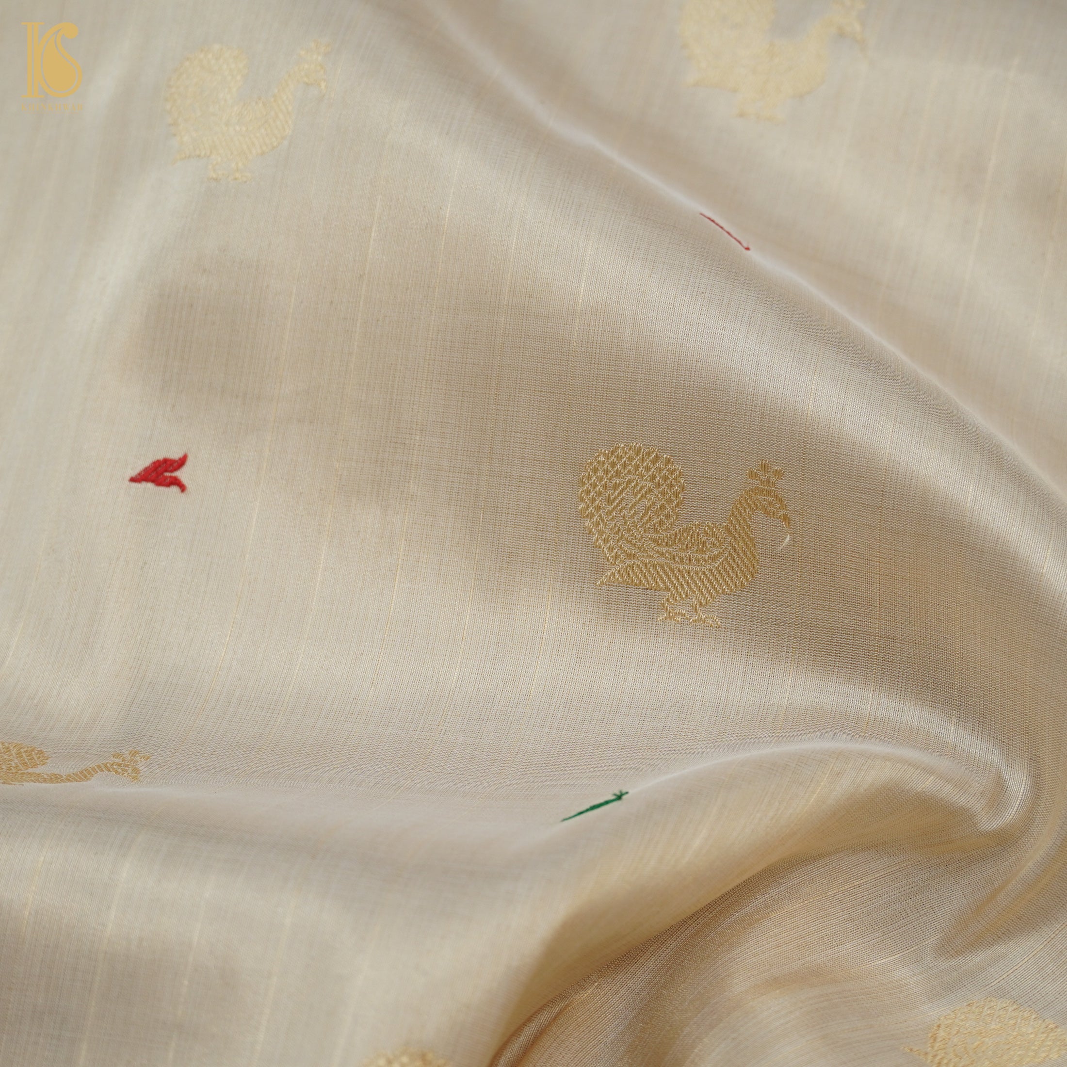Gold Handloom Pure Tissue White Banarasi Bird Saree - Khinkhwab