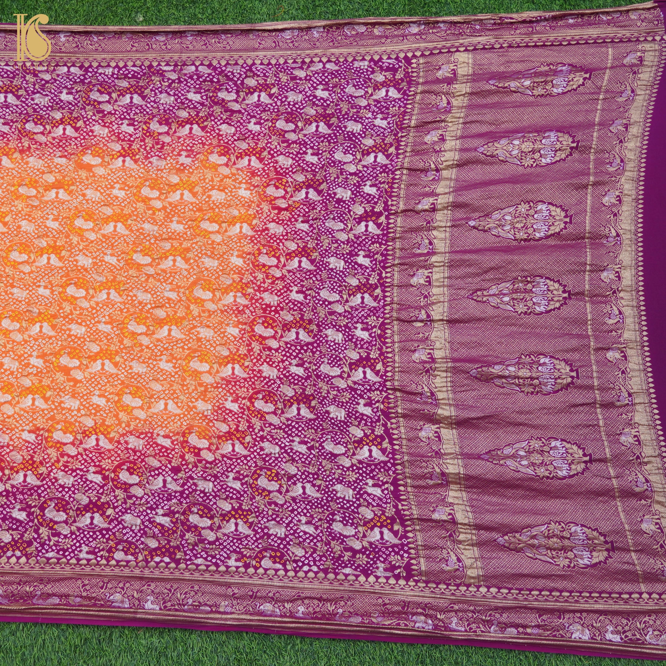 Purple & Orange Georgette Handloom Bandhani Banarasi Birds Dupatta - Khinkhwab