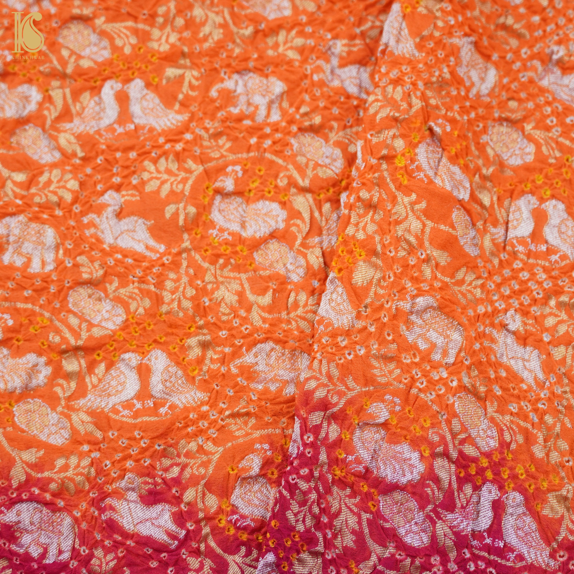 Purple & Orange Georgette Handloom Bandhani Banarasi Birds Dupatta - Khinkhwab