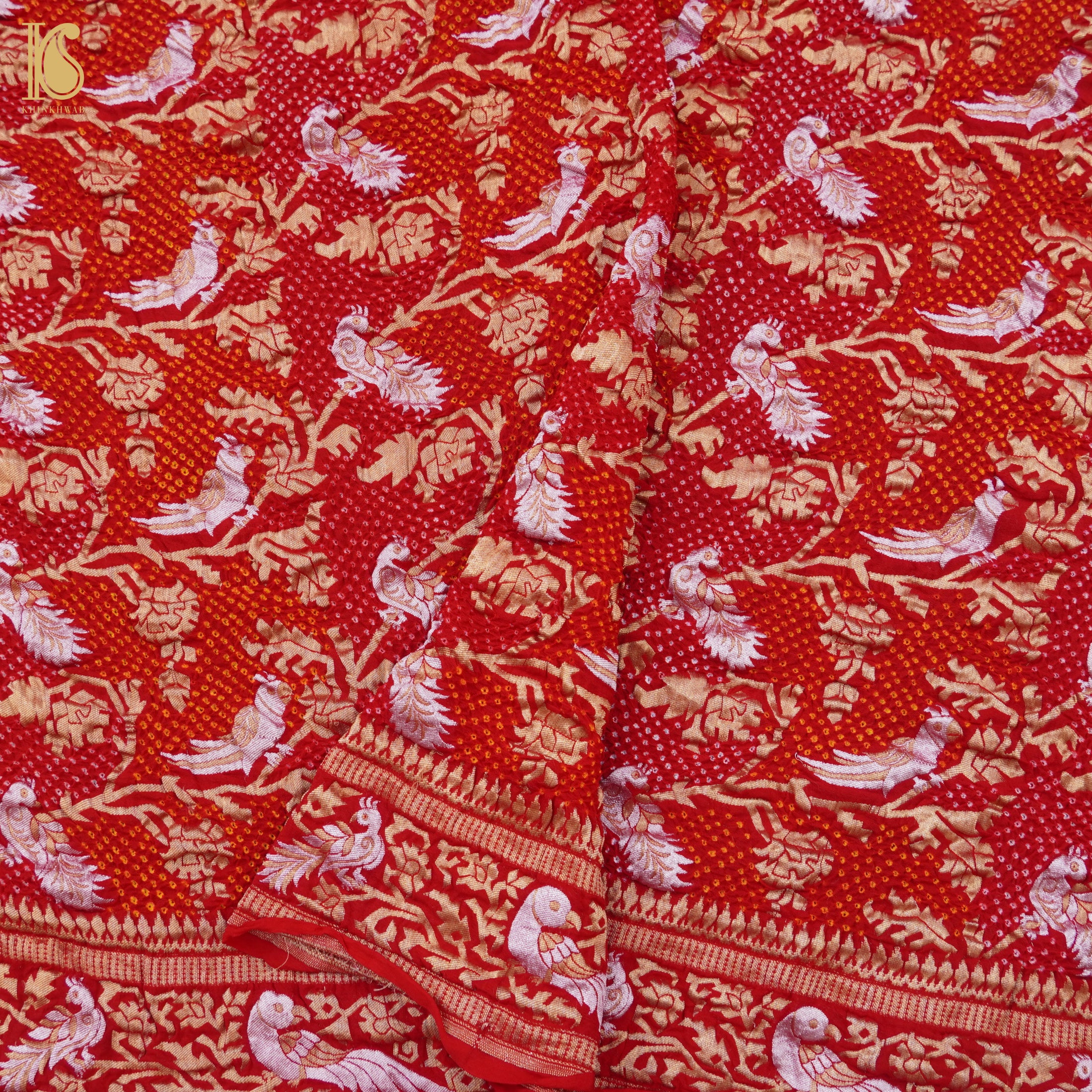 Guardsman Red Georgette Handloom Bandhani Banarasi Birds Dupatta - Khinkhwab