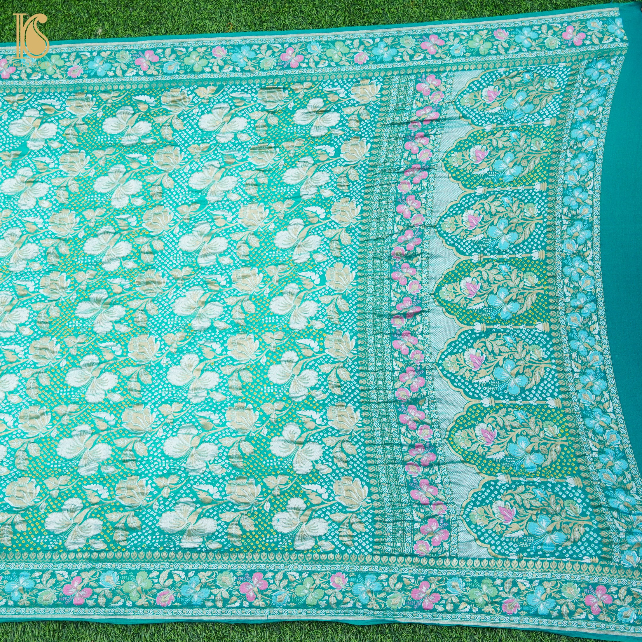 Green Georgette Handloom Bandhani Banarasi Dahlia Dupatta - Khinkhwab
