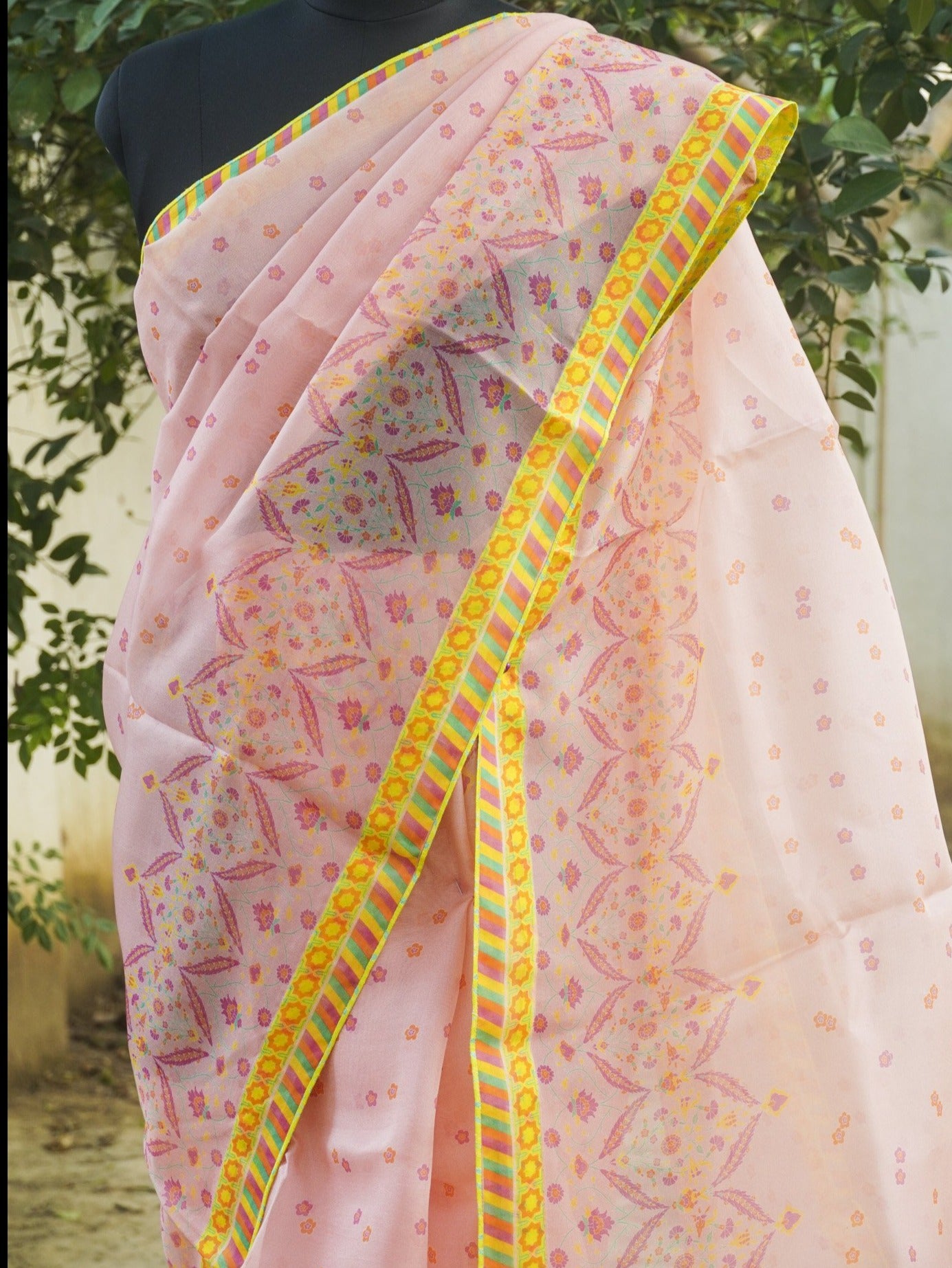 NERGİS - Carousel Pink Pure Organza Print Saree - Khinkhwab