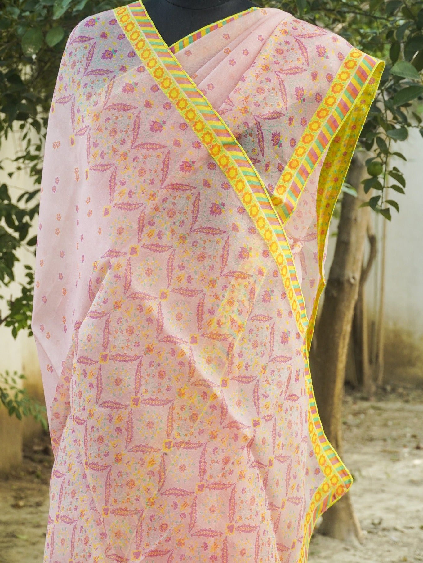 NERGİS - Carousel Pink Pure Organza Print Saree - Khinkhwab
