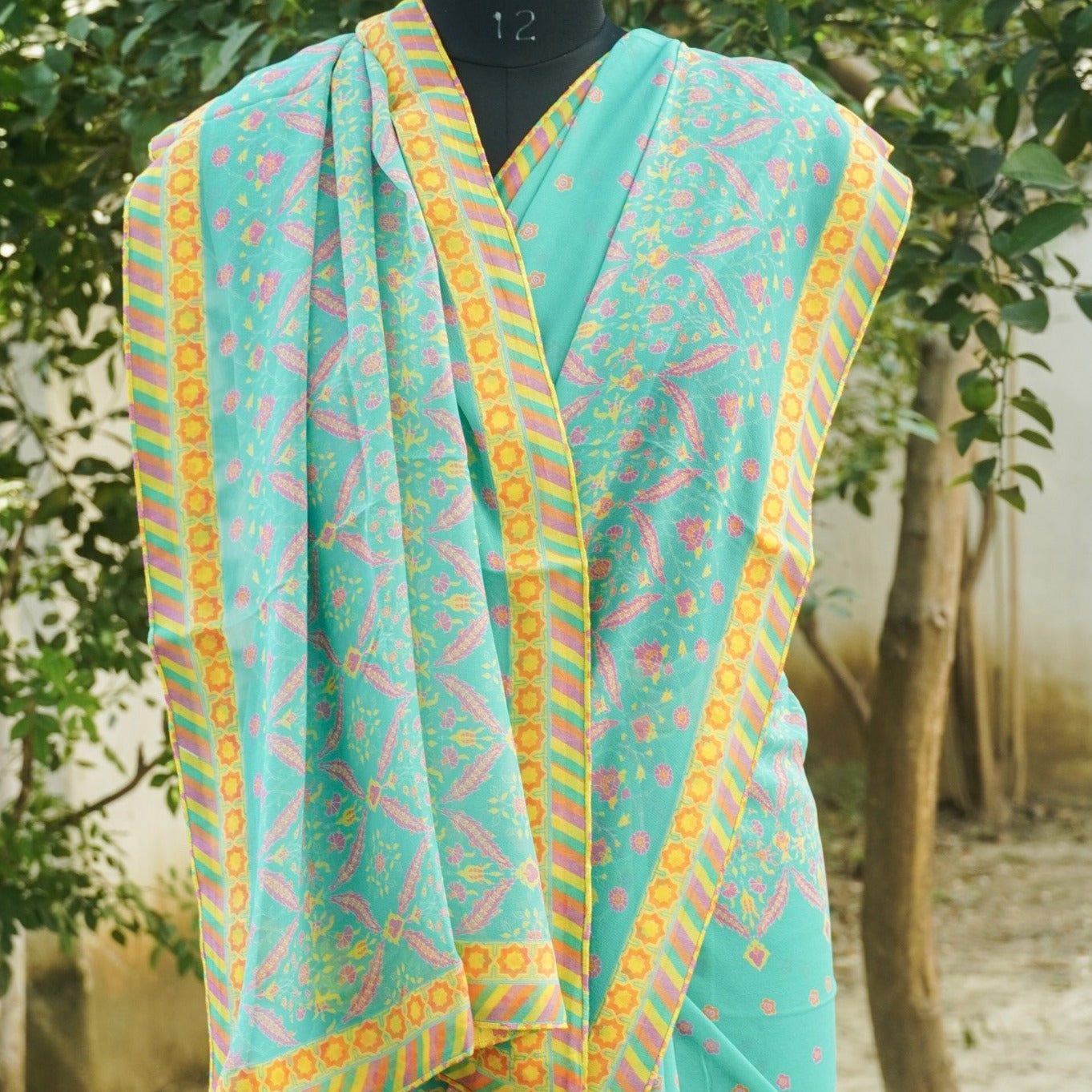 NERGİS - Blue Pure Georgette Silk Print Saree - Khinkhwab
