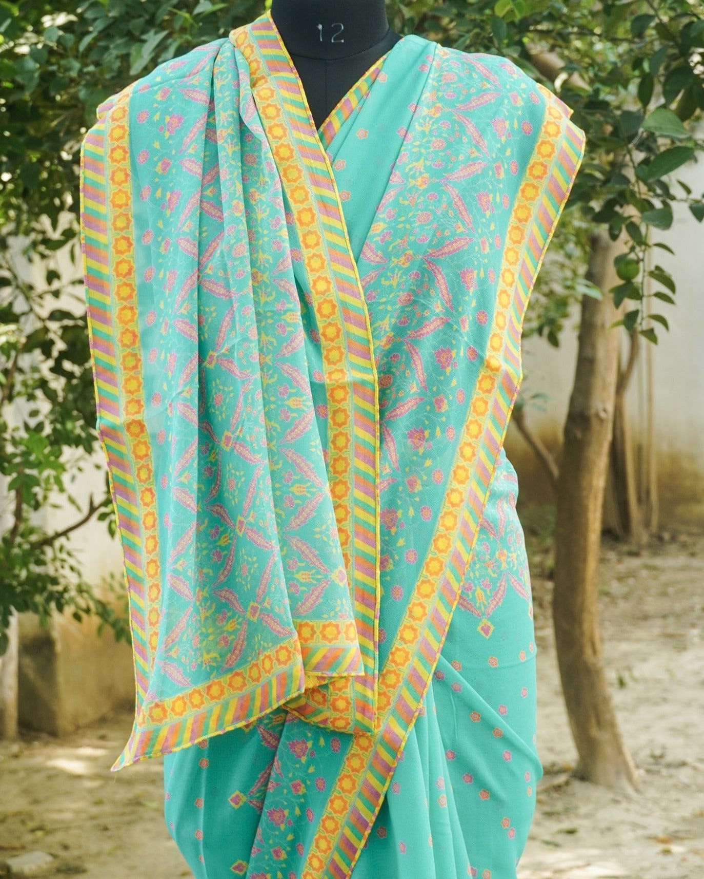 NERGİS - Blue Pure Georgette Silk Print Saree - Khinkhwab