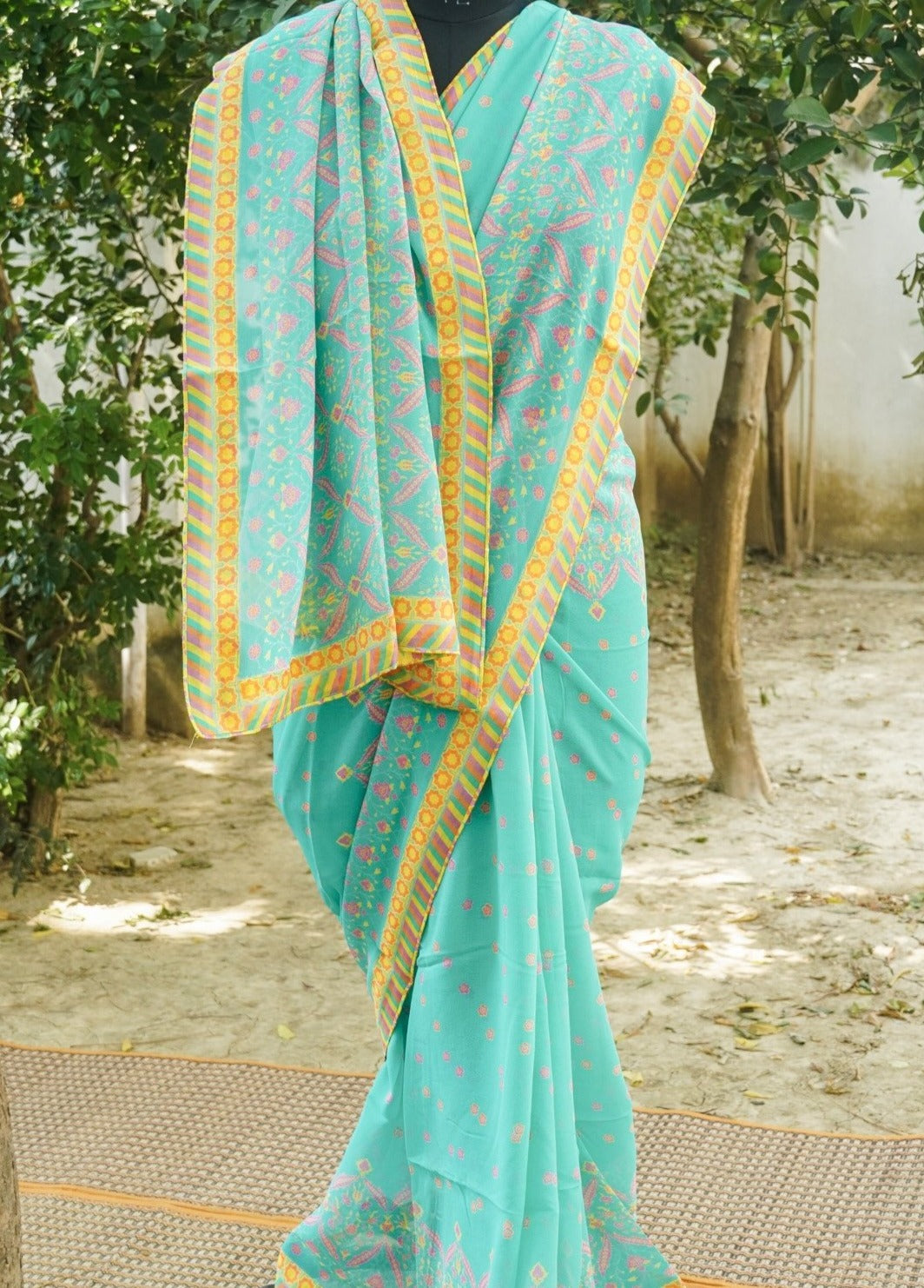 NERGİS - Blue Pure Georgette Silk Print Saree - Khinkhwab