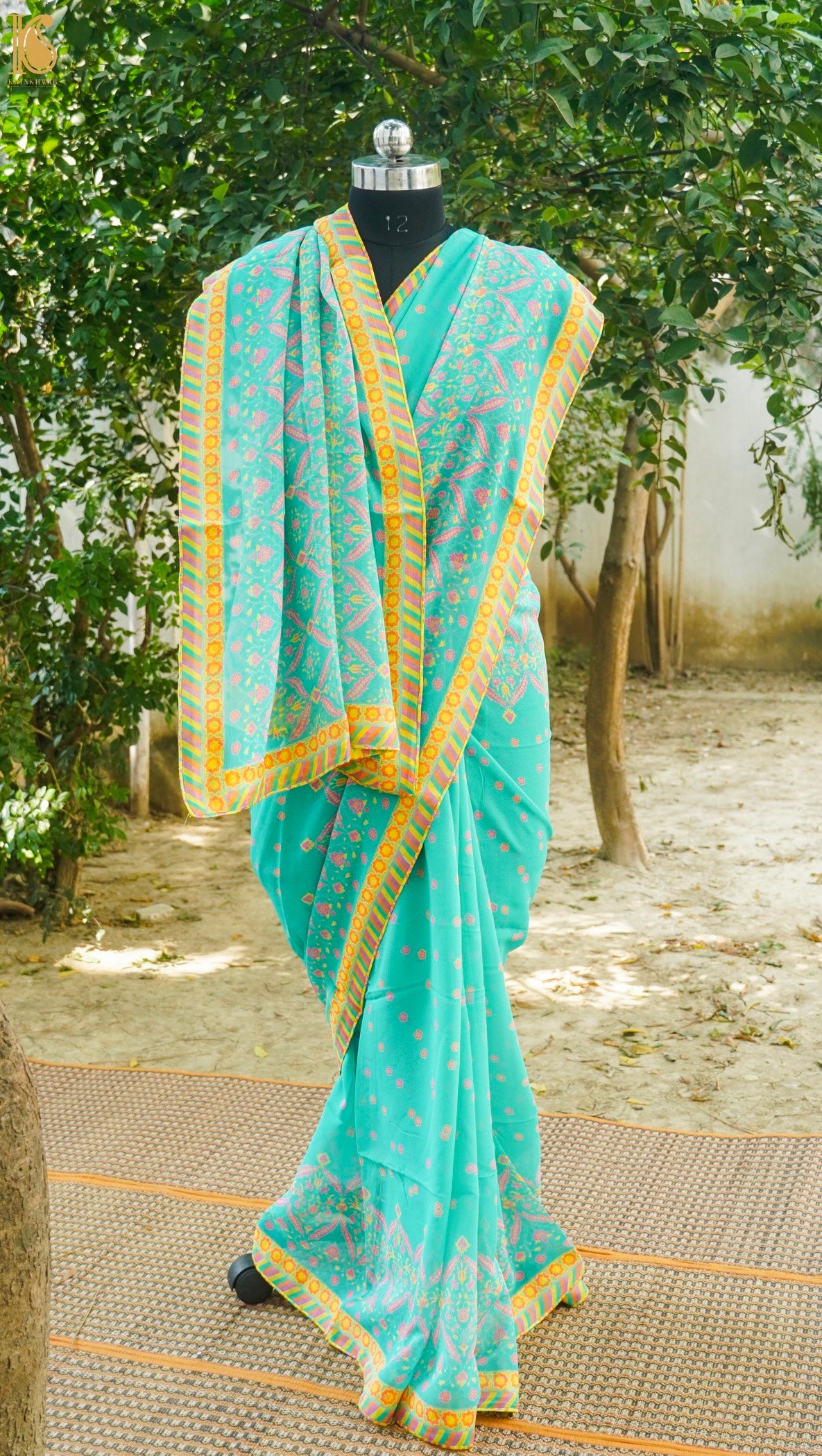 NERGİS - Blue Pure Georgette Silk Print Saree - Khinkhwab