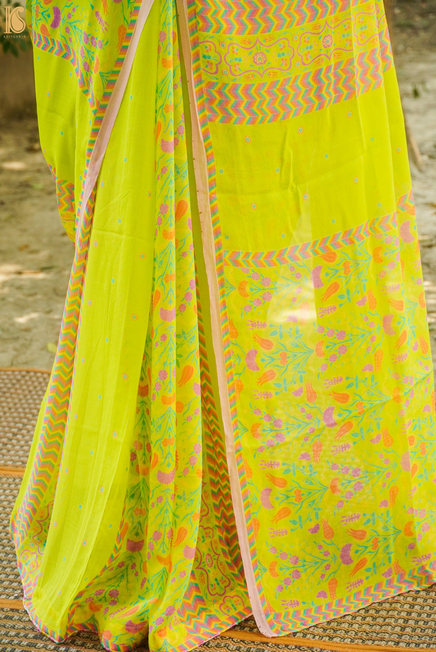 Lale - Rio Grande Green Pure Georgette Silk Print Saree - Khinkhwab