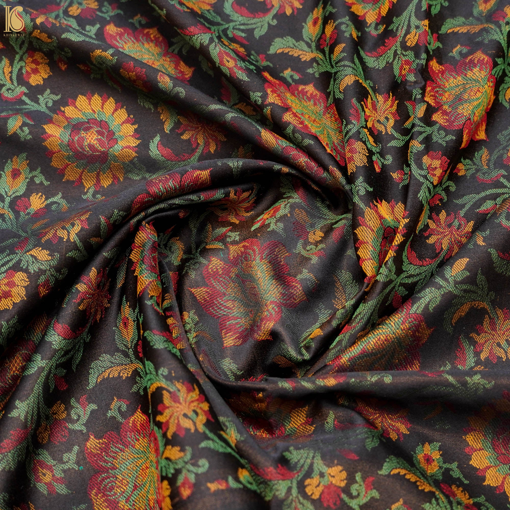 Black Pure Banarasi Silk Handwoven Tanchui Kurta Fabric - Khinkhwab