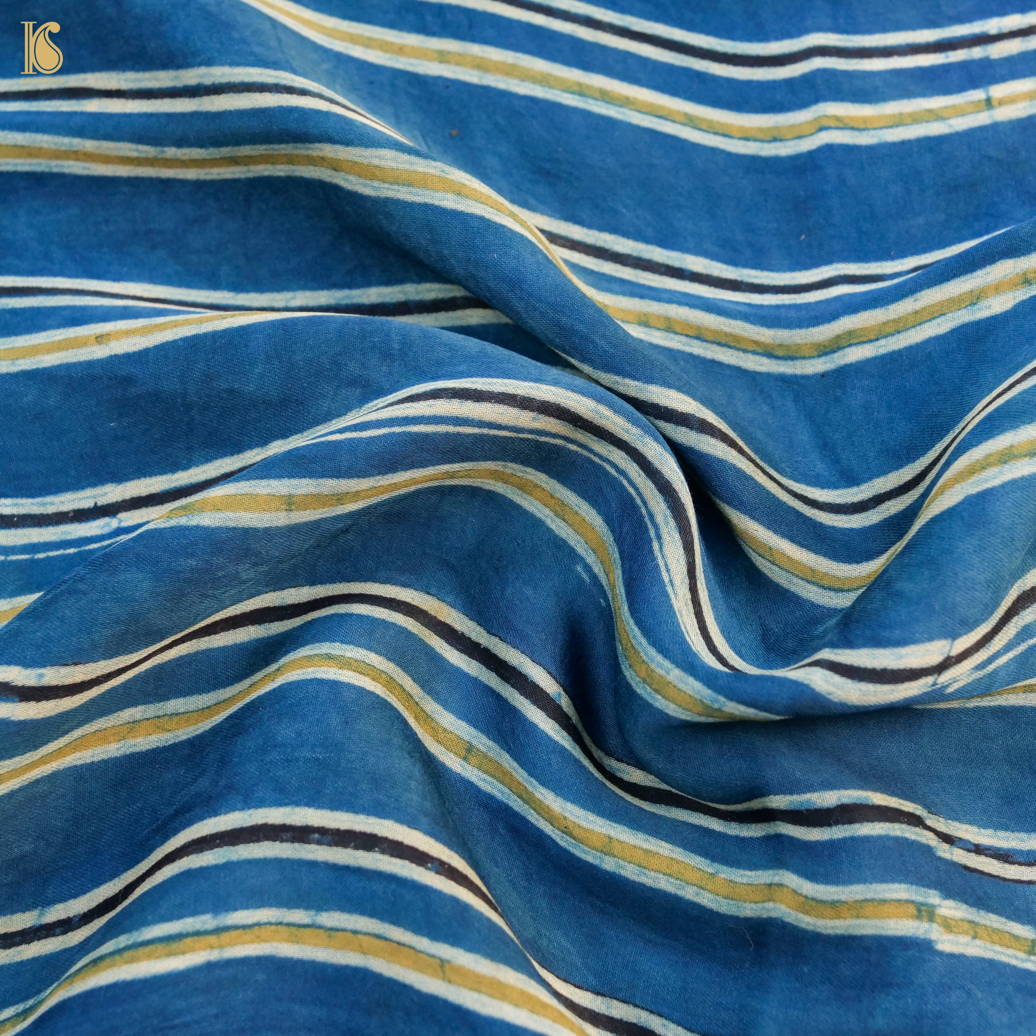 Blue Hand Block Ajrakh Modal Silk Fabric - Khinkhwab