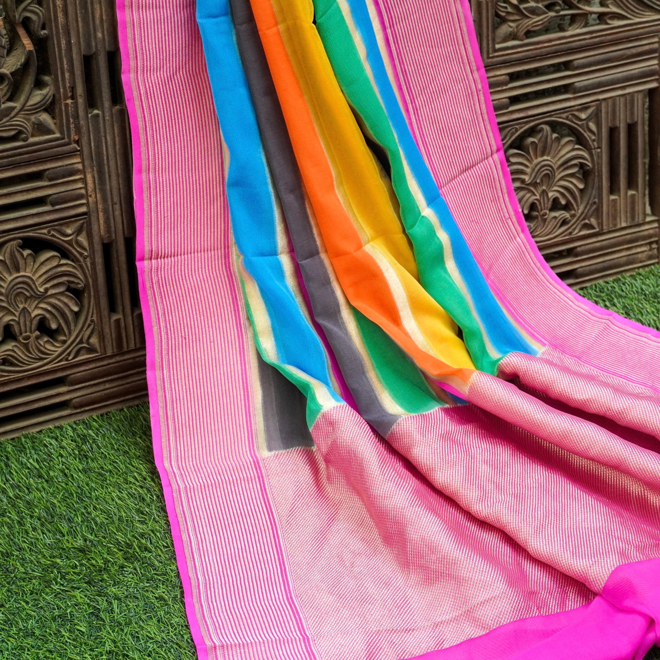 Pink Pure Georgette Handloom Banarasi Stripes Dupatta - Khinkhwab
