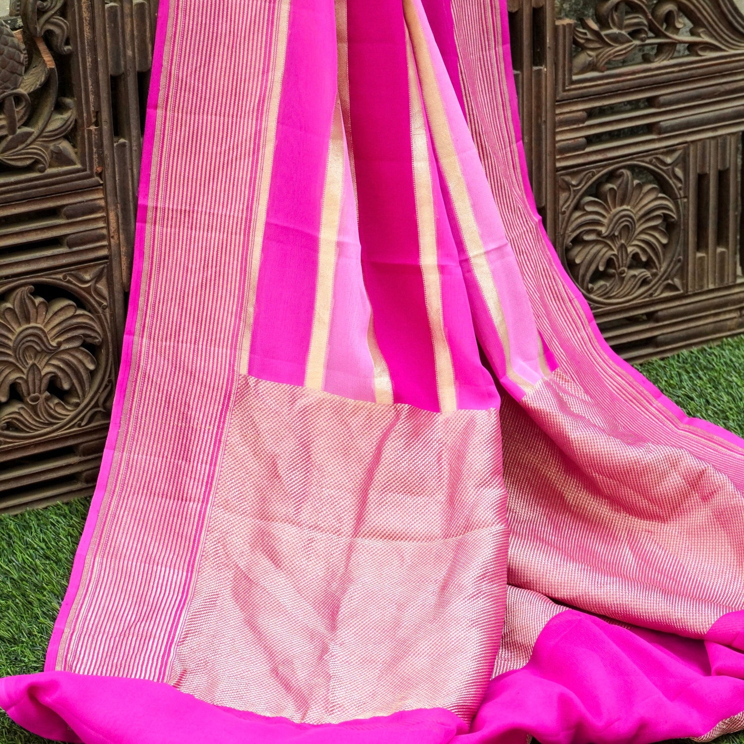 Pink Pure Georgette Handloom Banarasi Stripes Dupatta - Khinkhwab