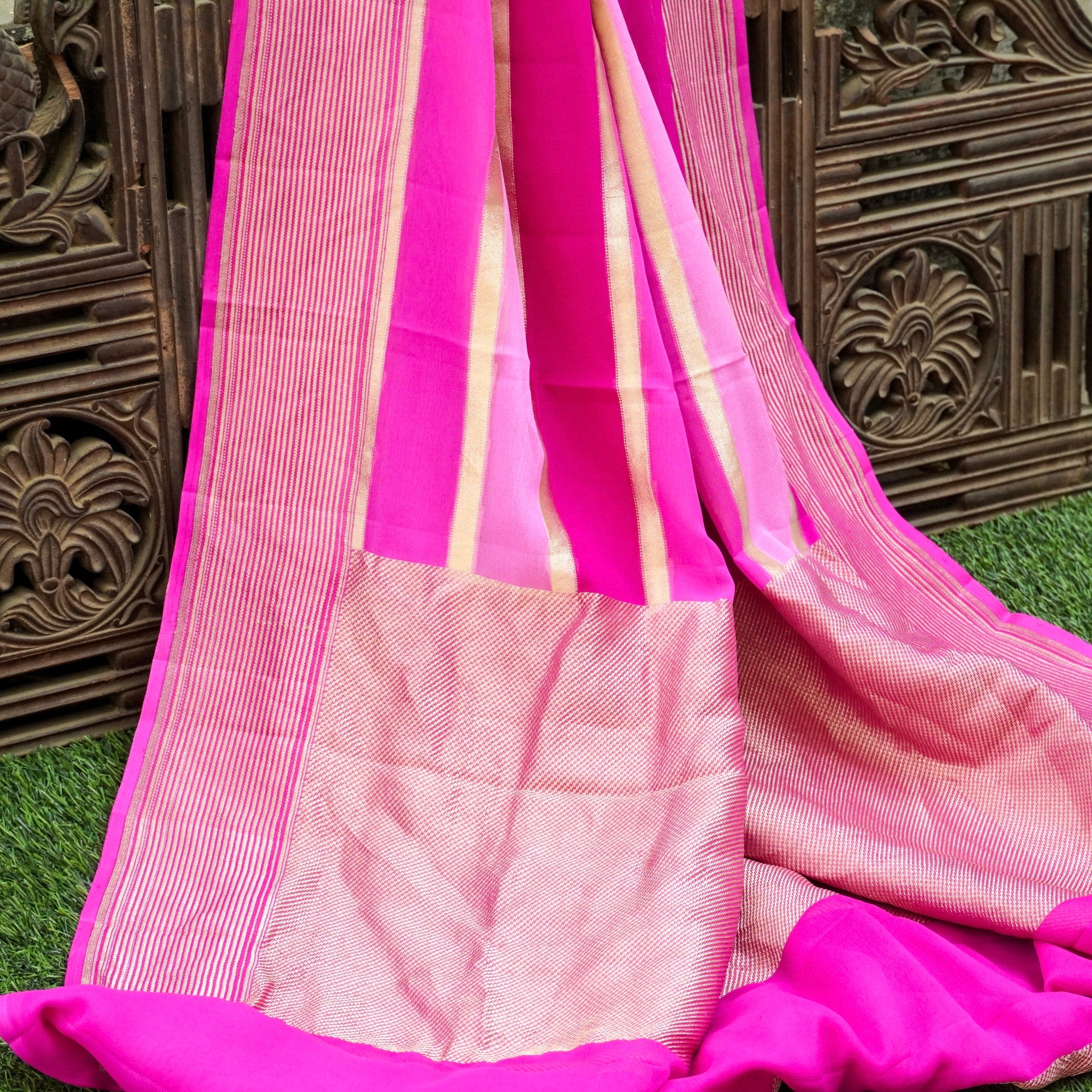 Pink Pure Georgette Handloom Banarasi Stripes Dupatta - Khinkhwab
