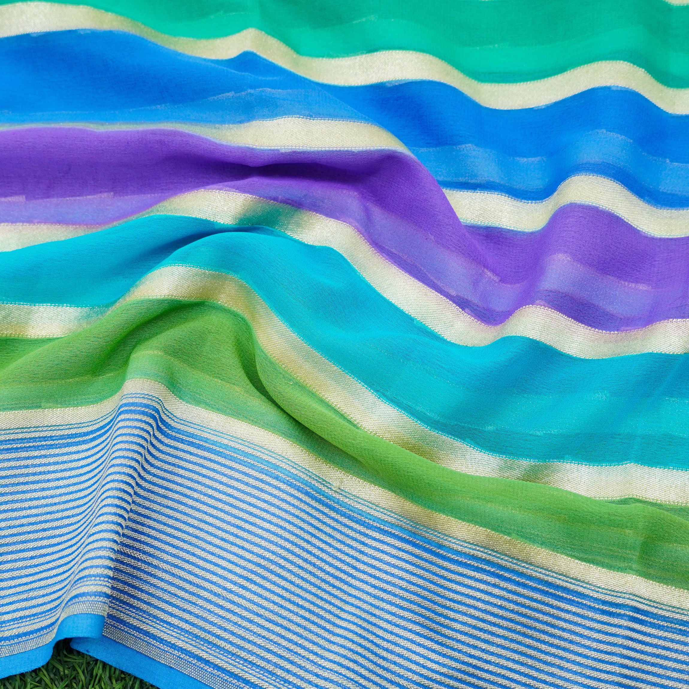 Dodger Blue Pure Georgette Handloom Banarasi Stripes Dupatta - Khinkhwab