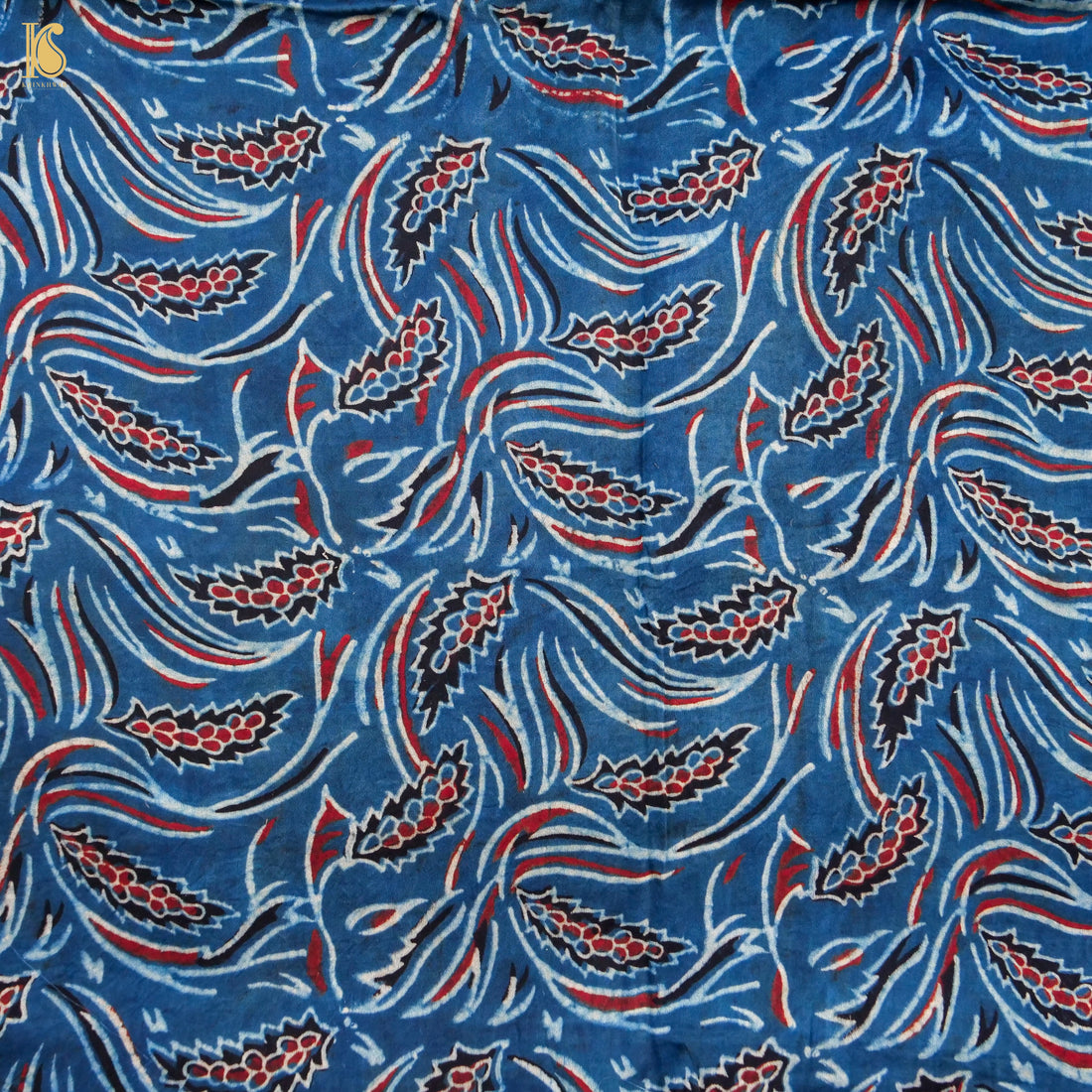 Blue Hand Block Ajrakh Modal Silk Fabric - Khinkhwab