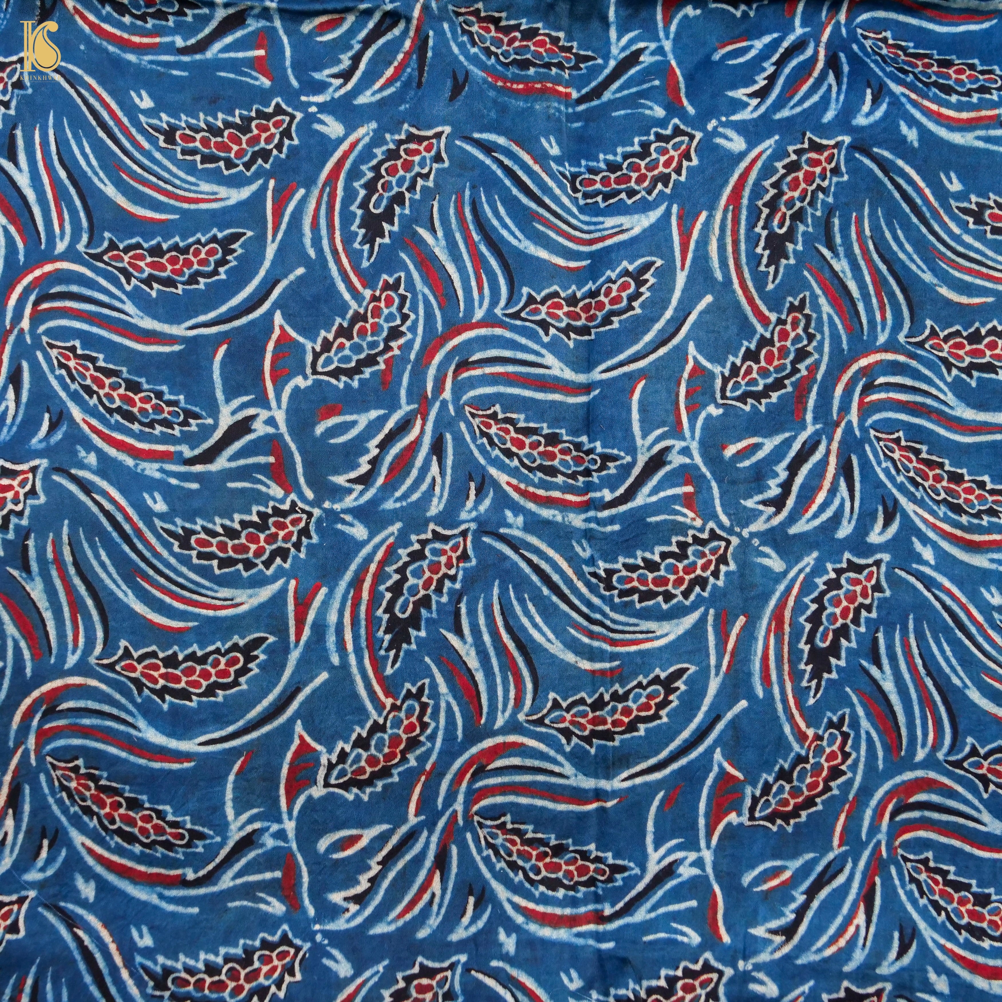 Blue Hand Block Ajrakh Modal Silk Fabric - Khinkhwab