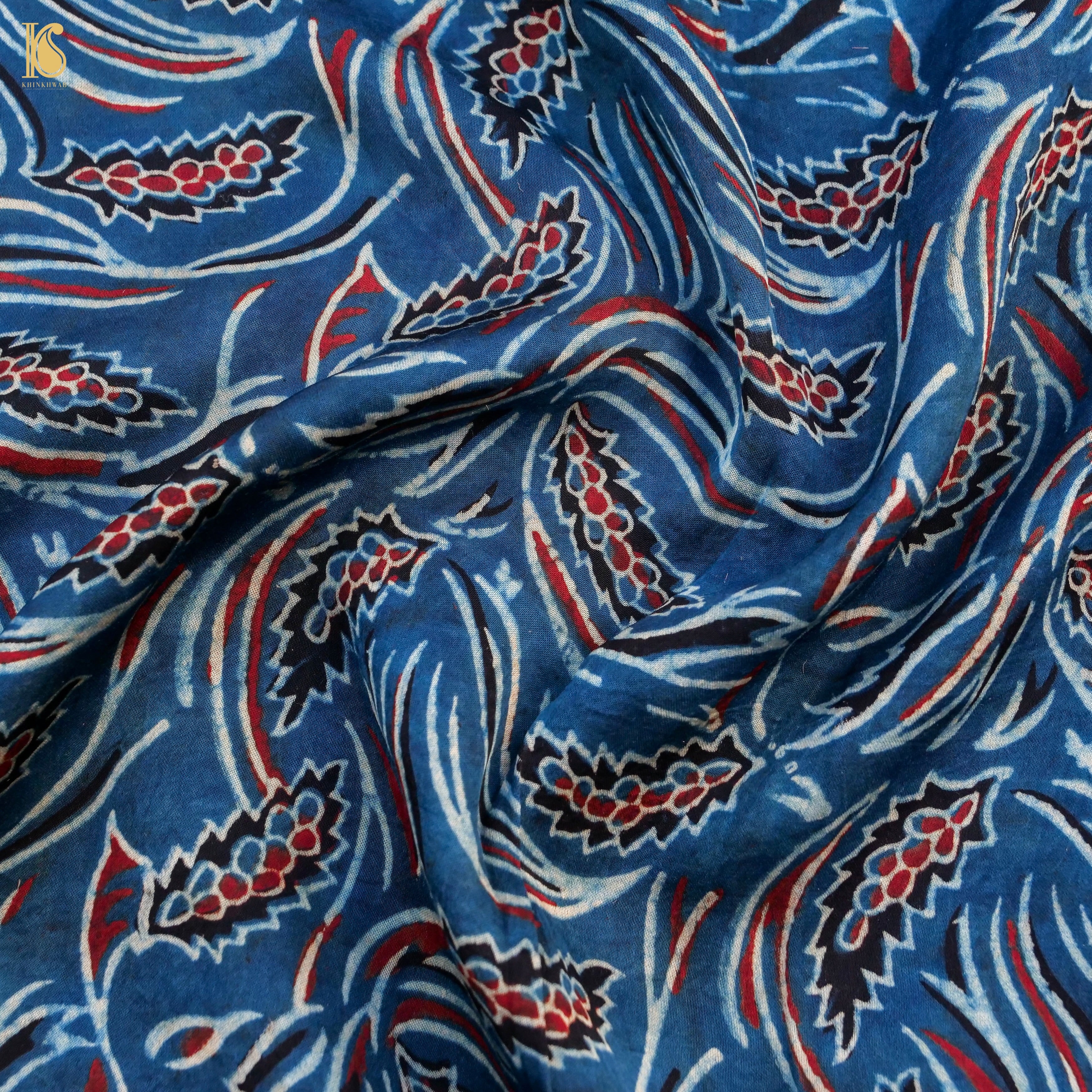 Blue Hand Block Ajrakh Modal Silk Fabric - Khinkhwab