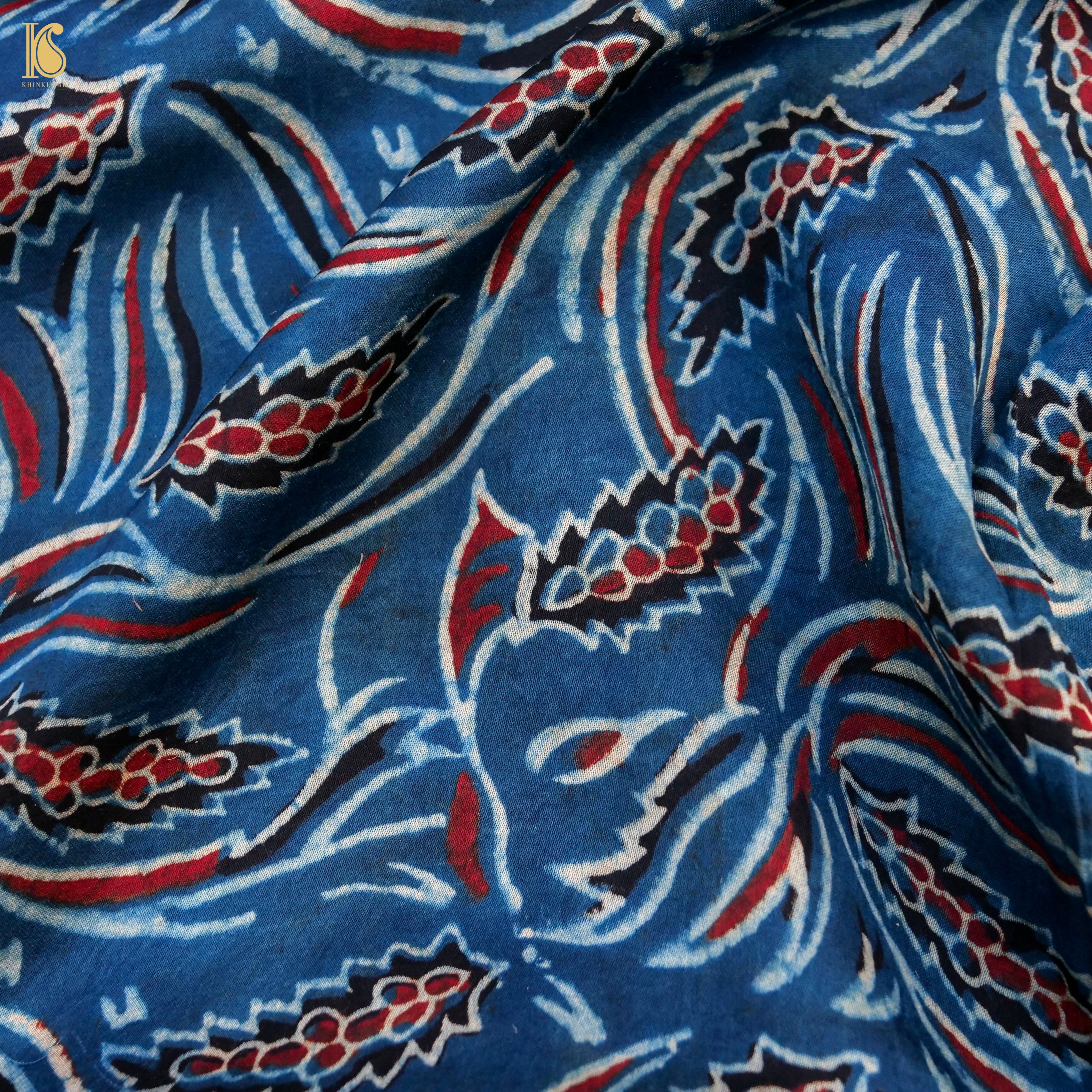 Blue Hand Block Ajrakh Modal Silk Fabric - Khinkhwab