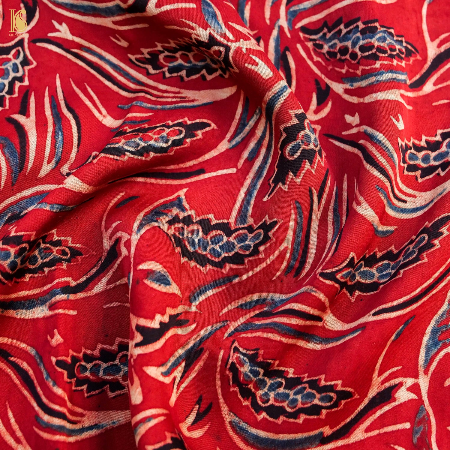 Red Hand Block Ajrakh Modal Silk Fabric - Khinkhwab