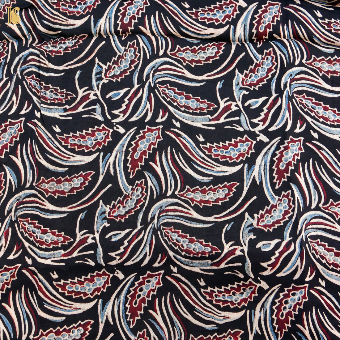 Black Hand Block Ajrakh Modal Silk Fabric - Khinkhwab