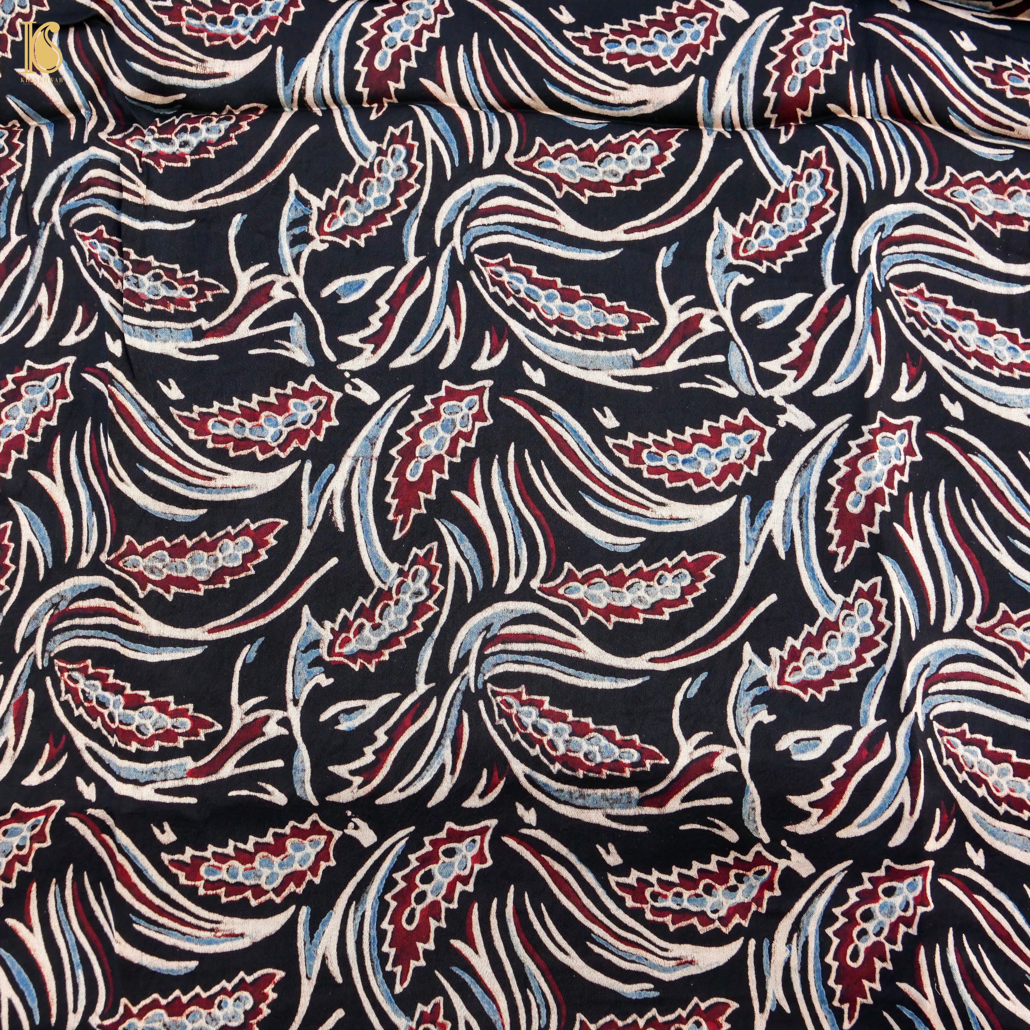 Black Hand Block Ajrakh Modal Silk Fabric - Khinkhwab