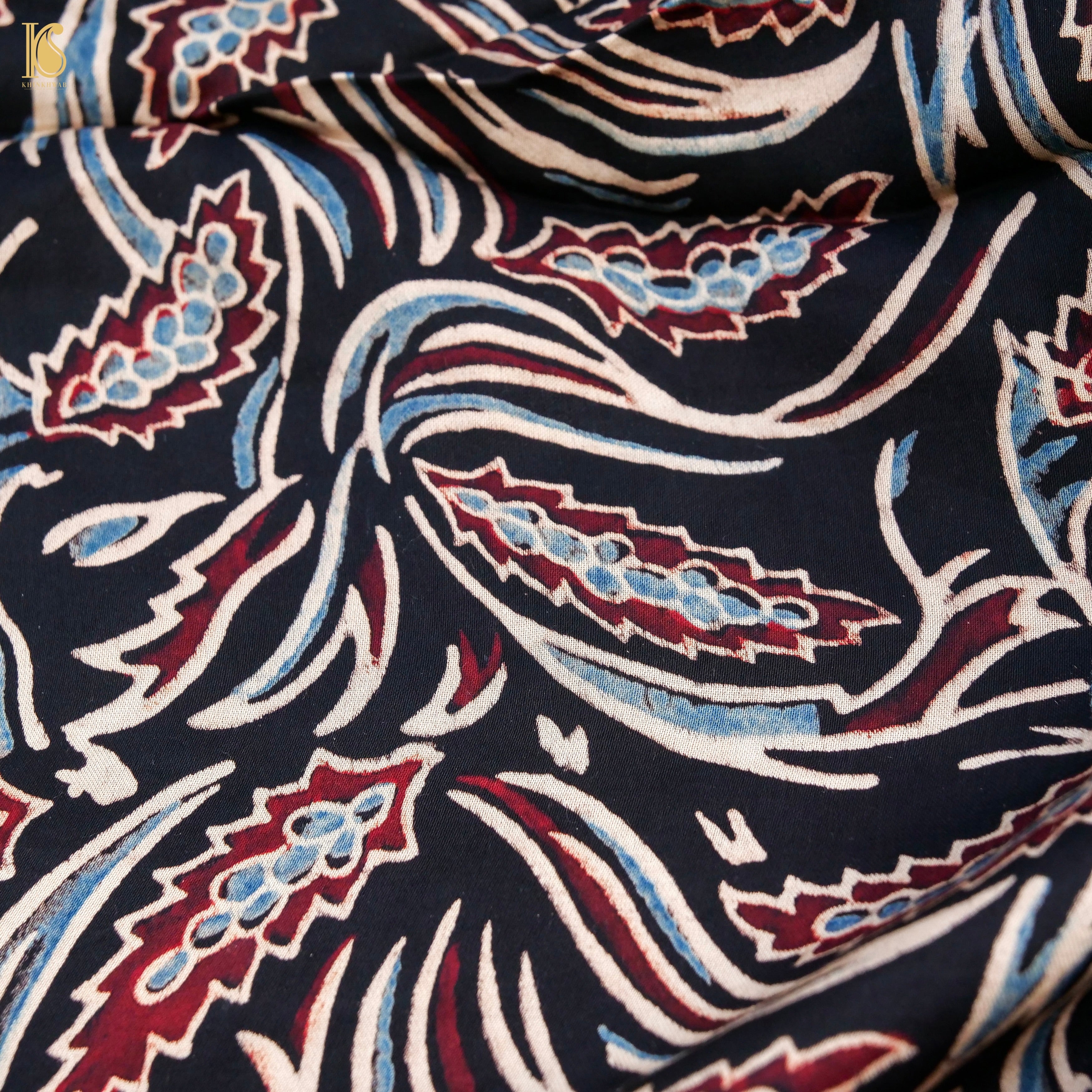 Black Hand Block Ajrakh Modal Silk Fabric - Khinkhwab