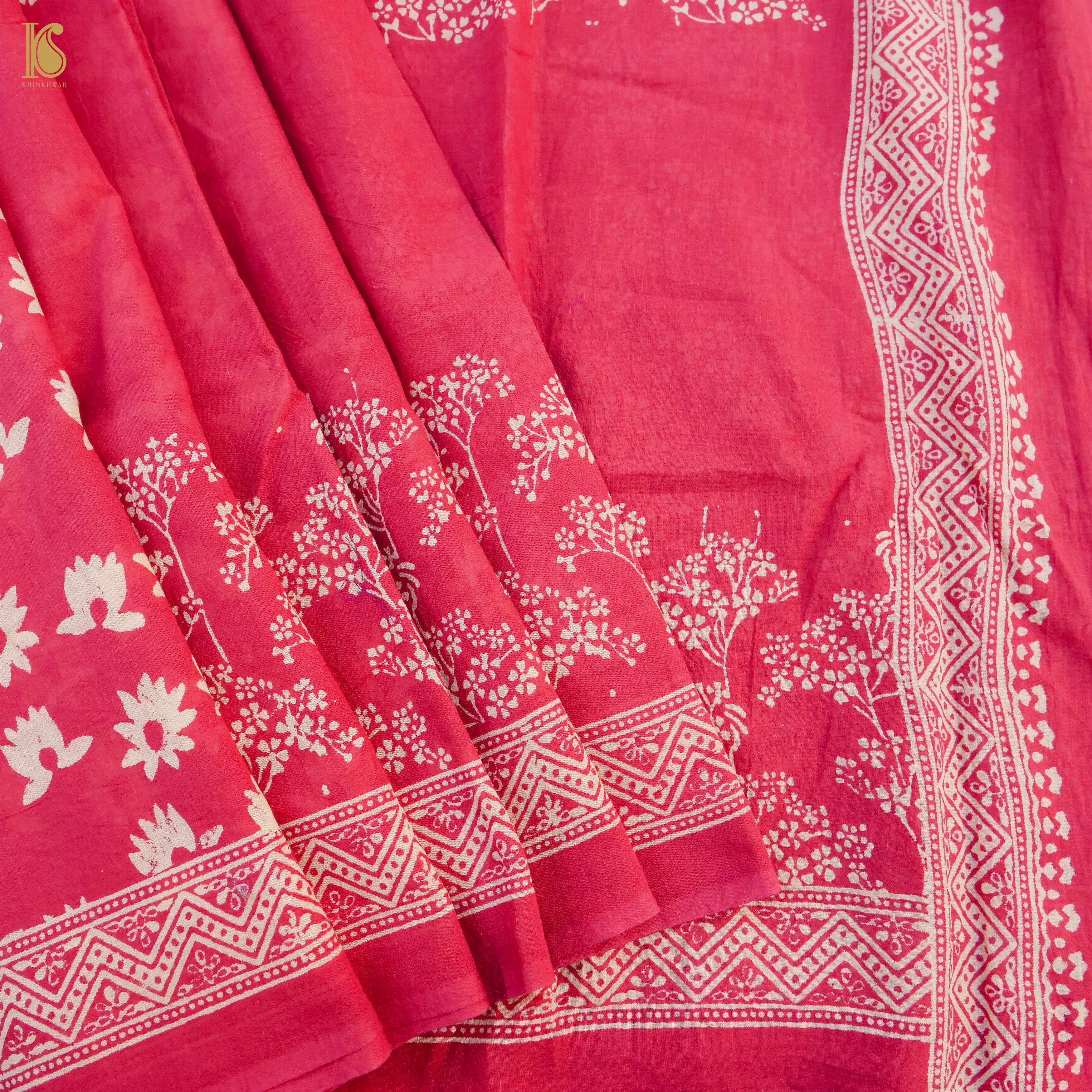 Red Pure Mul Cotton Ajrakh Saree - Khinkhwab