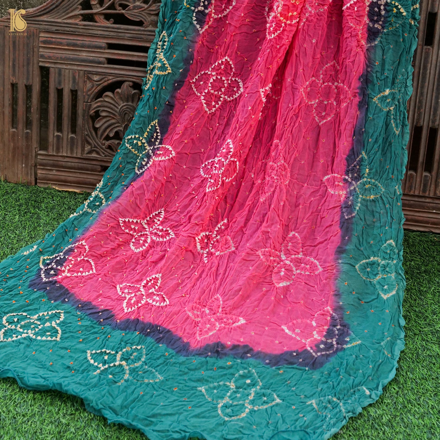 Pink &amp; Green Pure Georgette Bandhani Stole - Khinkhwab