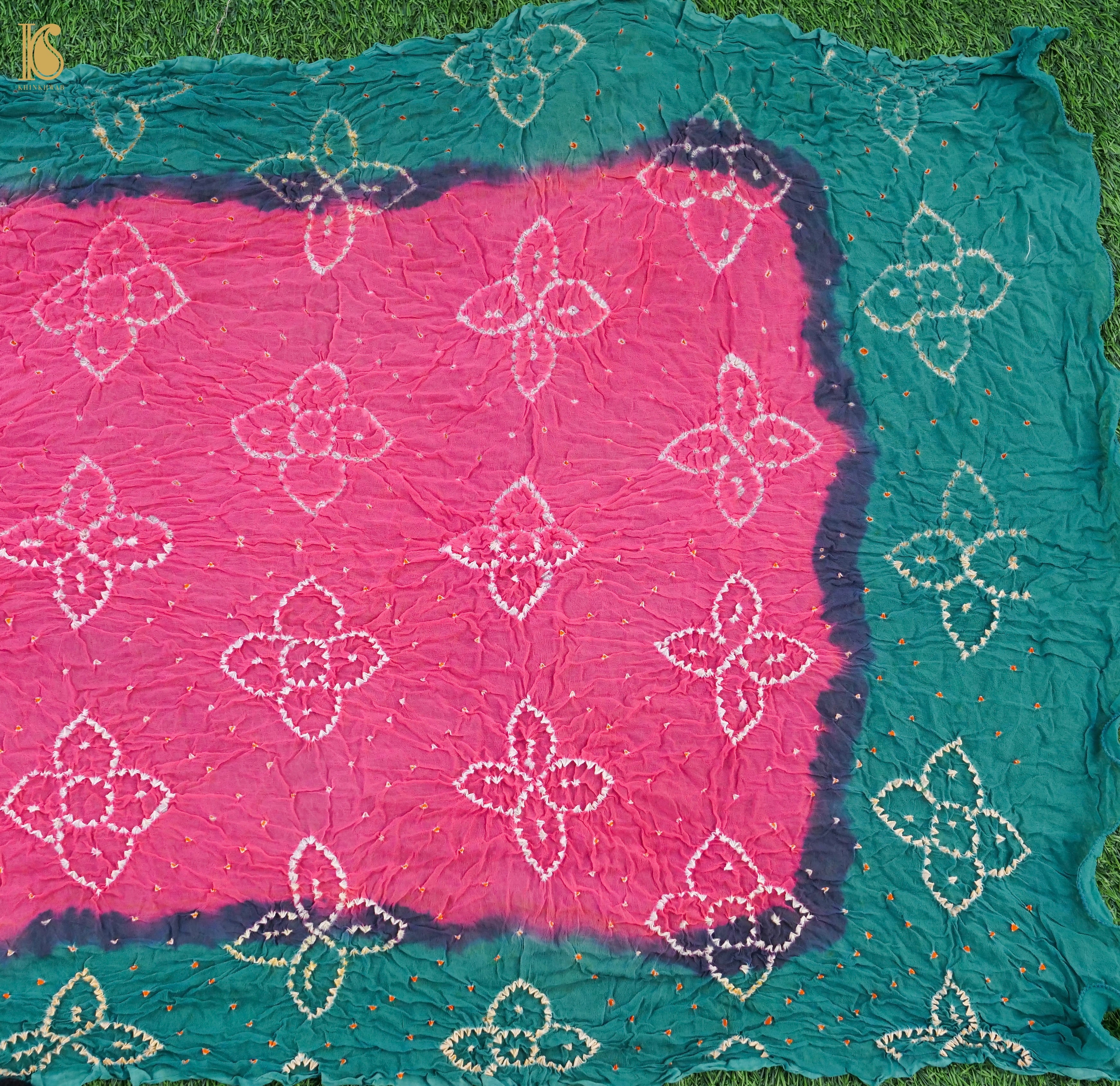 Pink & Green Pure Georgette Bandhani Stole - Khinkhwab