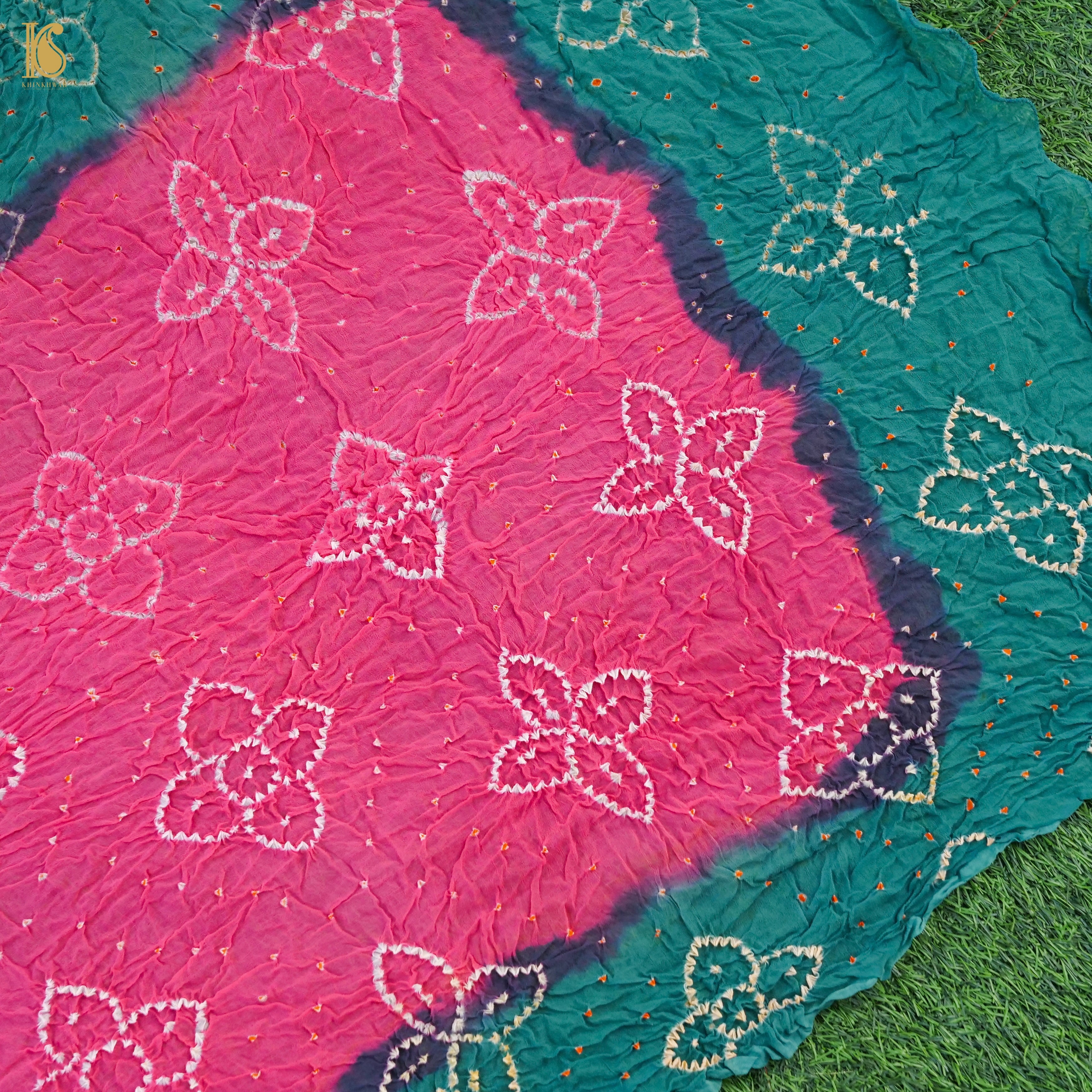 Pink & Green Pure Georgette Bandhani Stole - Khinkhwab