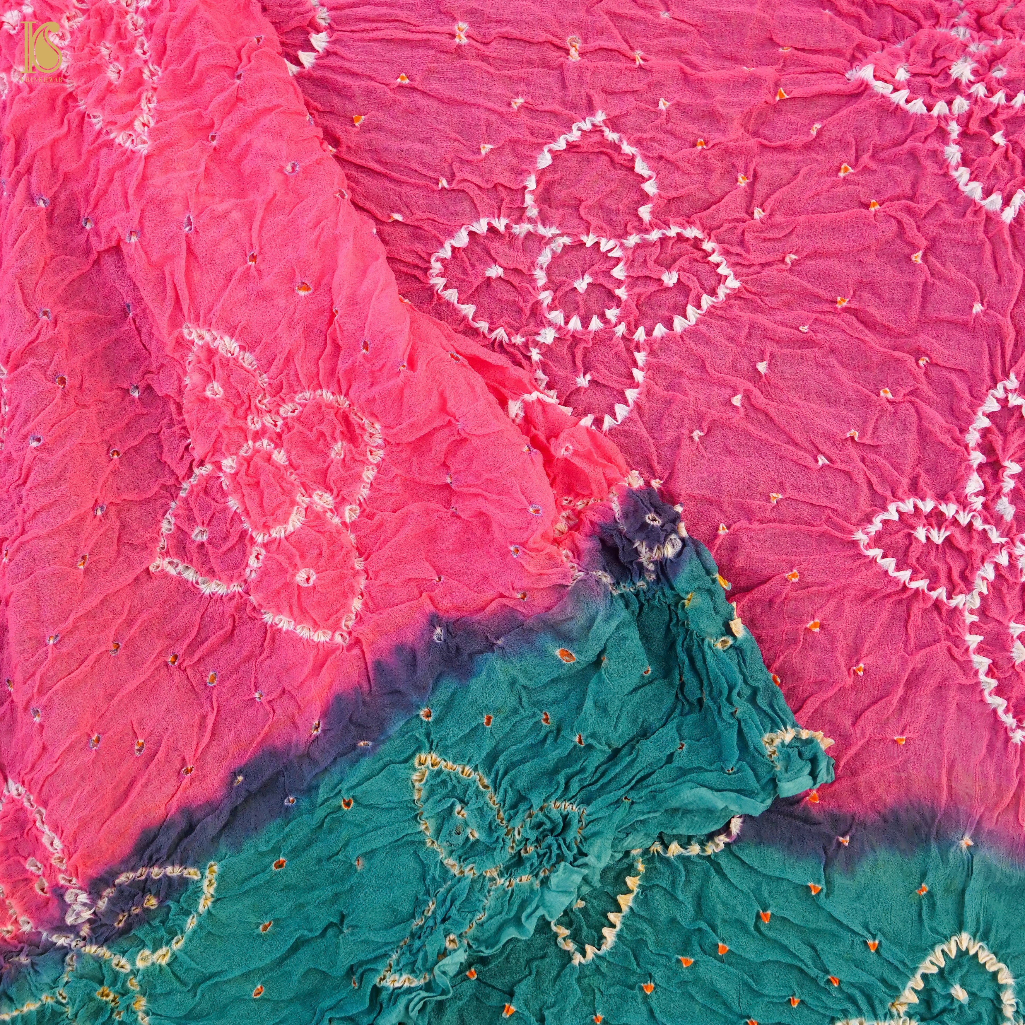 Pink & Green Pure Georgette Bandhani Stole - Khinkhwab